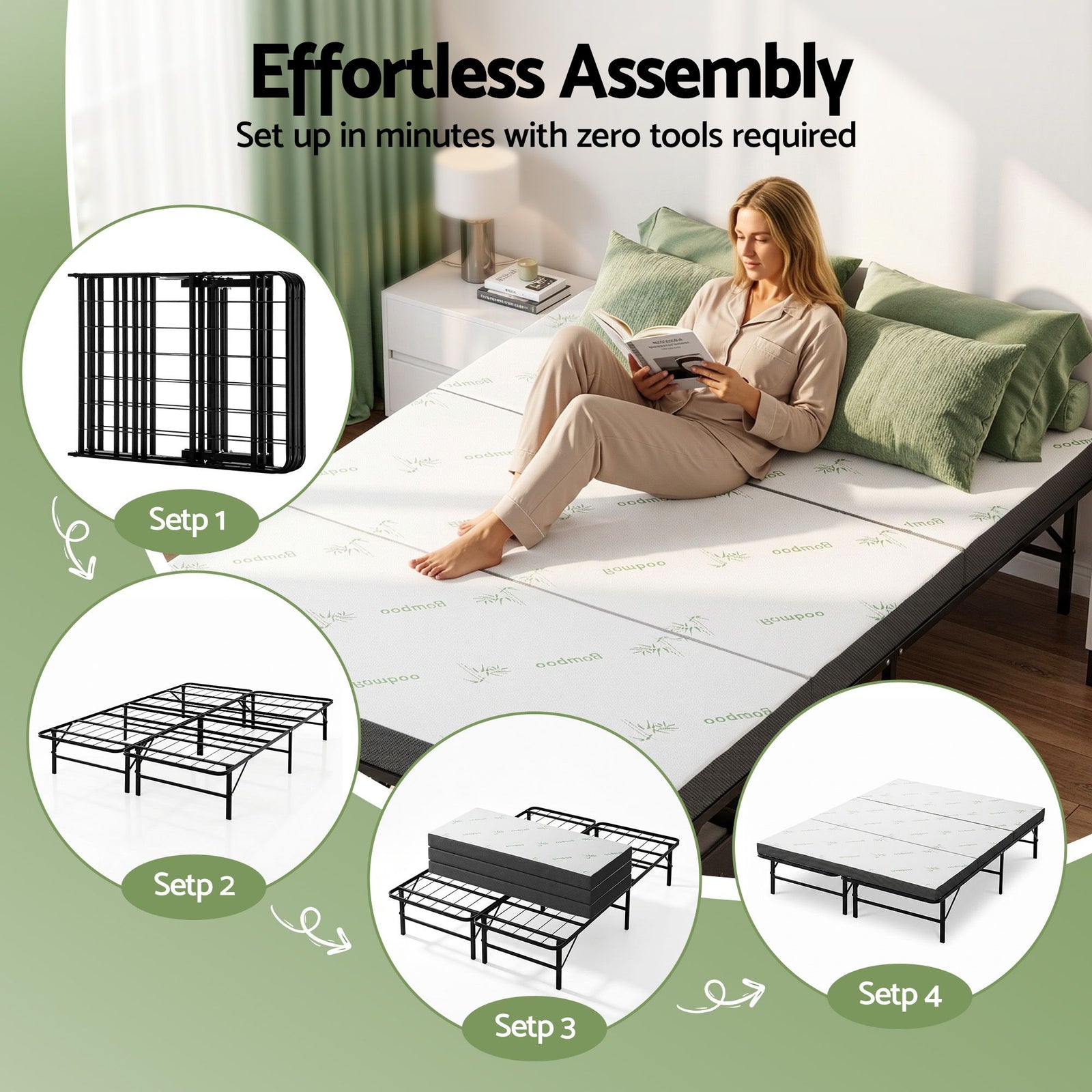 Folding Bed with Mattress Double – Bamboo Cover, Steel Frame, Portable 150kg