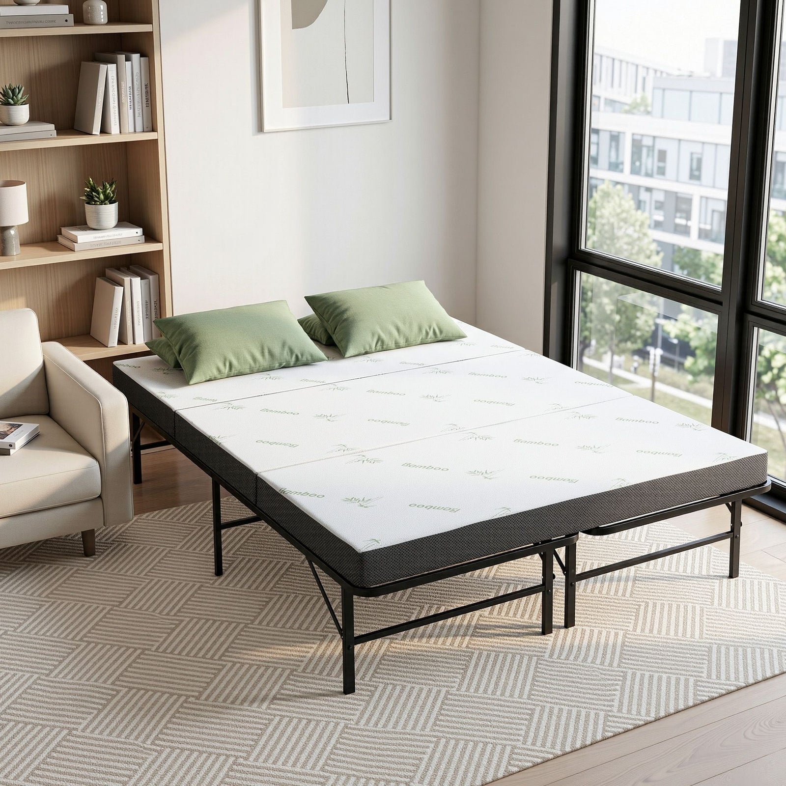 Folding Bed with Mattress Double – Bamboo Cover, Steel Frame, Portable 150kg