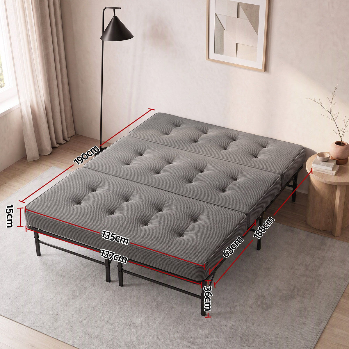 Double Folding Bed with Mattress Metal Frame Guest Bed 15cm Foam Foldable