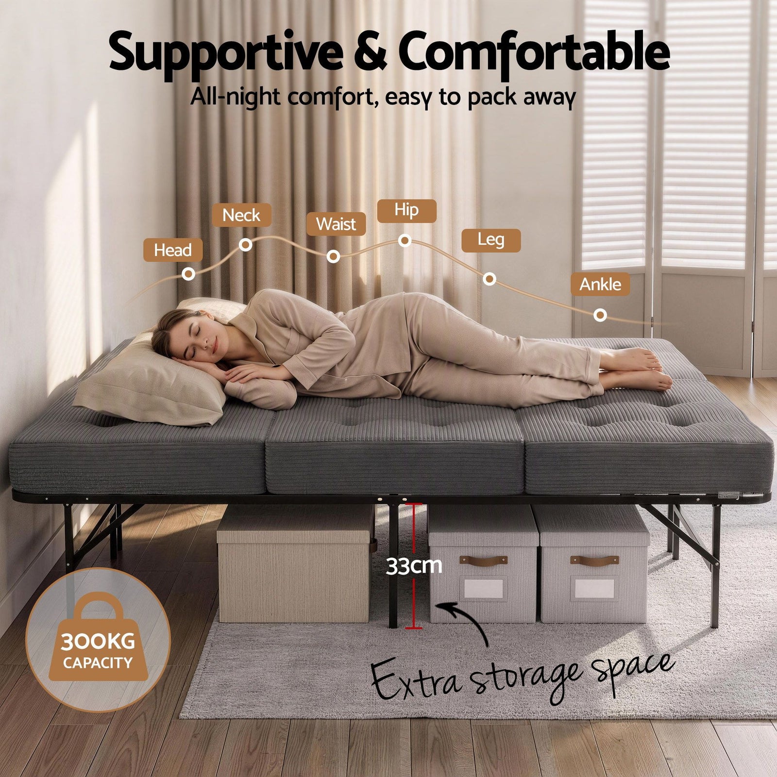 Double Folding Bed with Mattress Metal Frame Guest Bed 15cm Foam Foldable