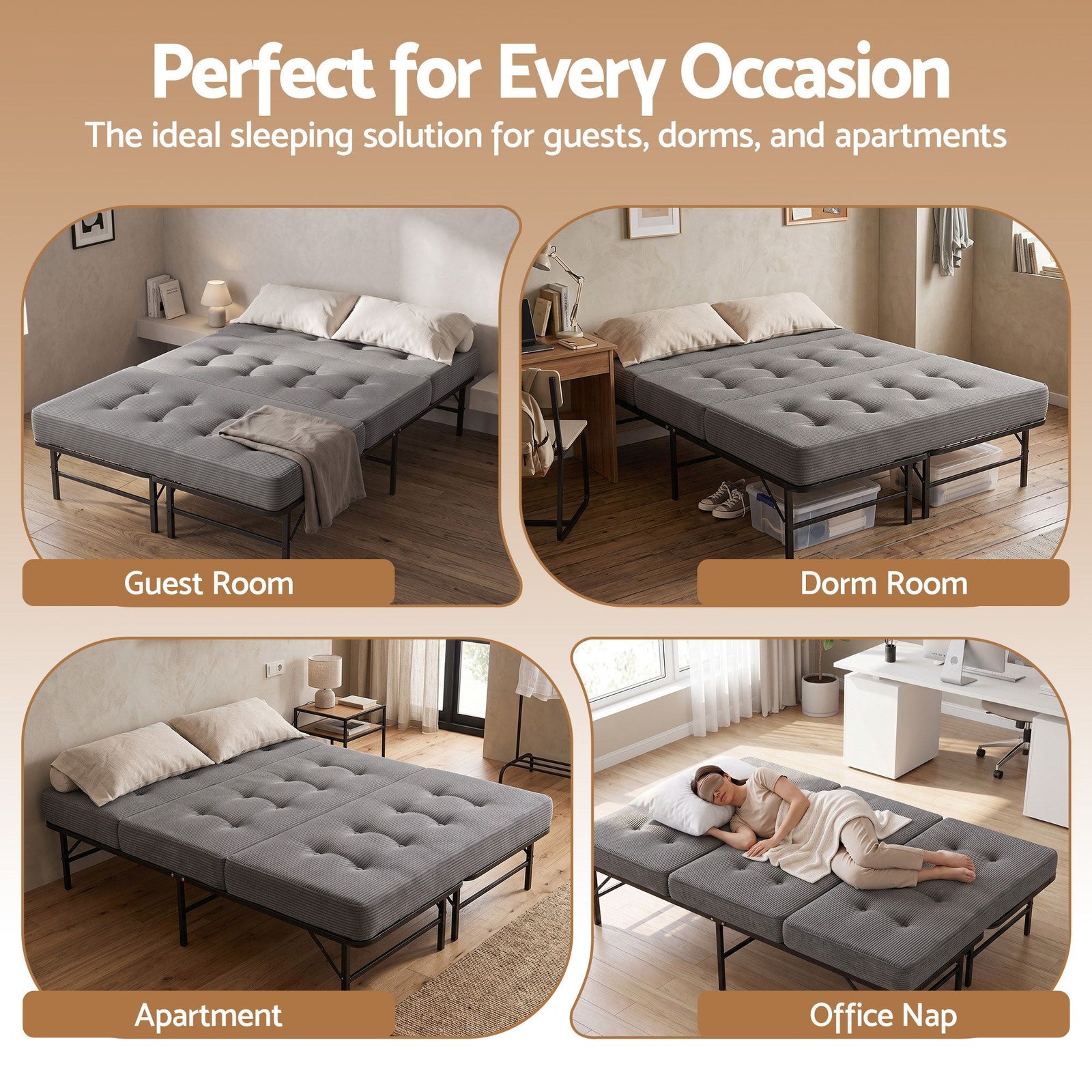 Double Folding Bed with Mattress Metal Frame Guest Bed 15cm Foam Foldable