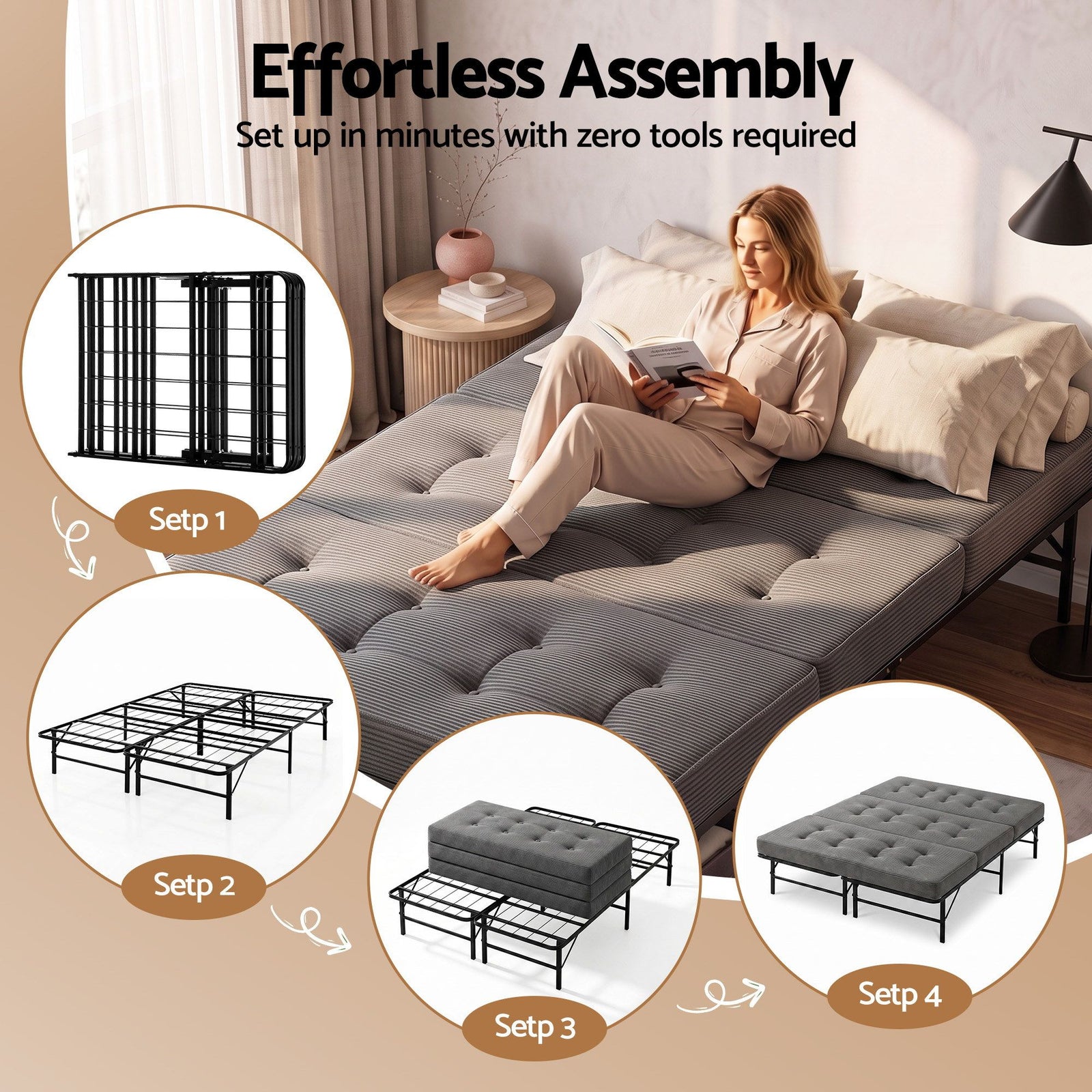 Double Folding Bed with Mattress Metal Frame Guest Bed 15cm Foam Foldable