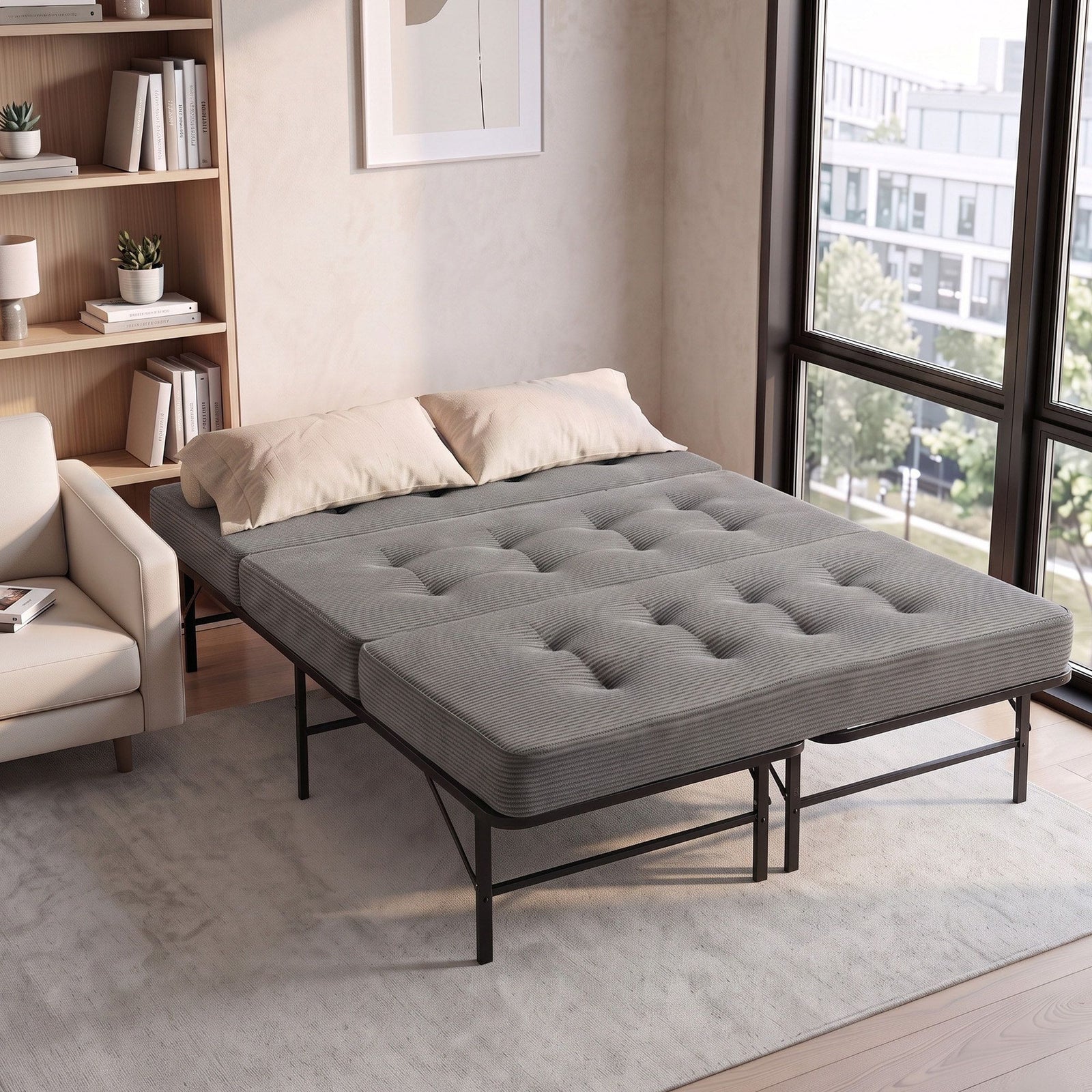 Double Folding Bed with Mattress Metal Frame Guest Bed 15cm Foam Foldable