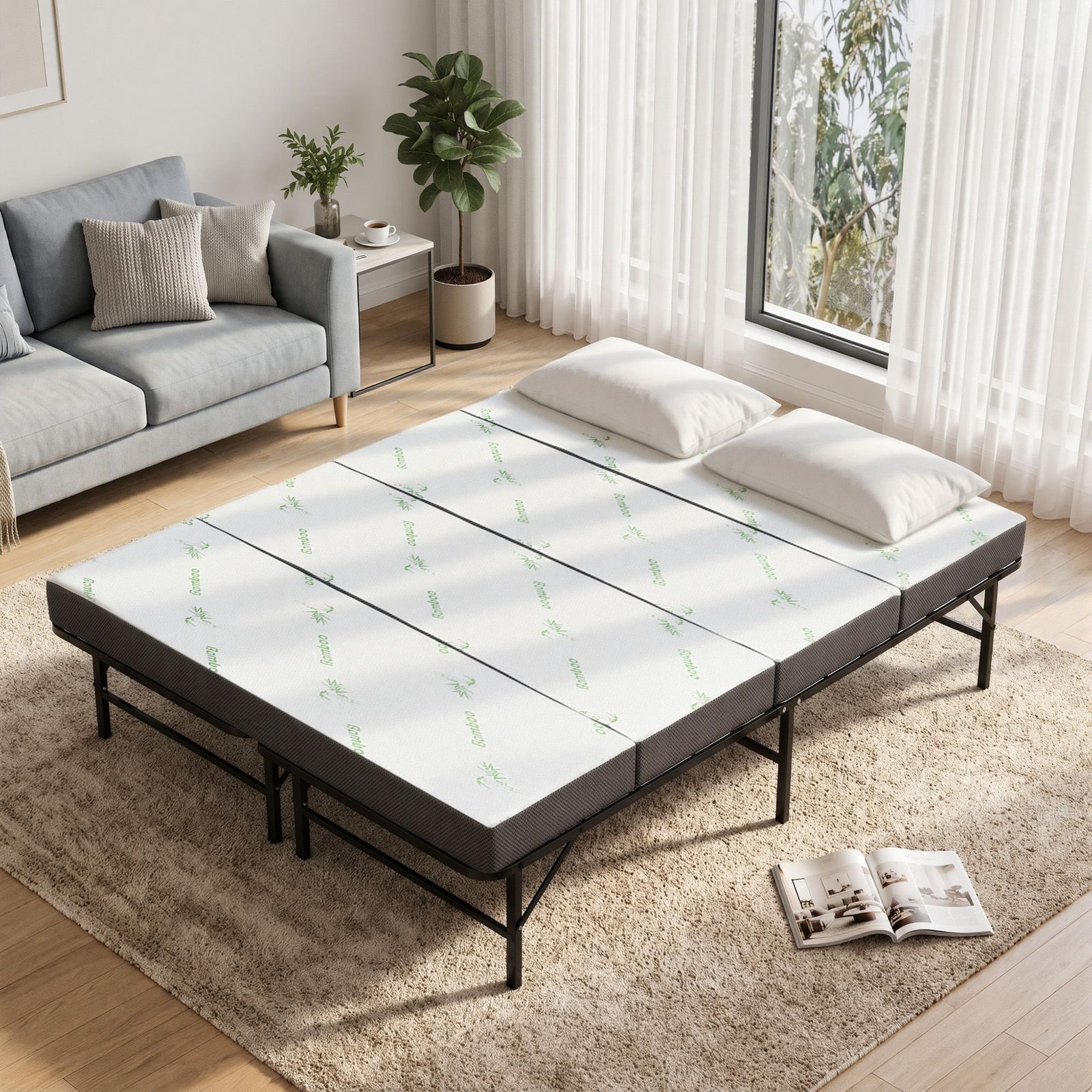 Giselle Queen Folding Bed with Mattress 4 Fold Metal Frame Guest Bed Bamboo Cover