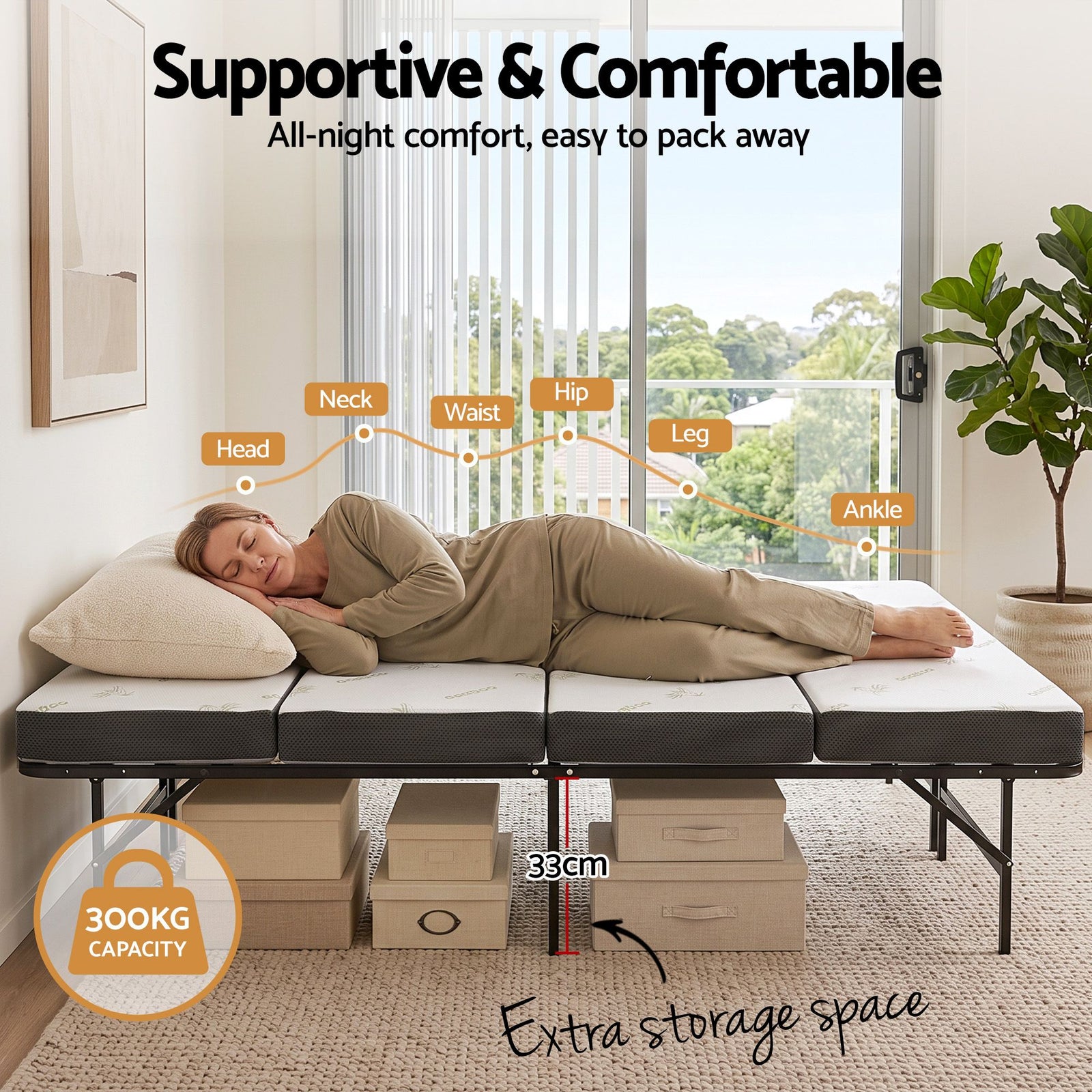 Giselle Queen Folding Bed with Mattress 4 Fold Metal Frame Guest Bed Bamboo Cover