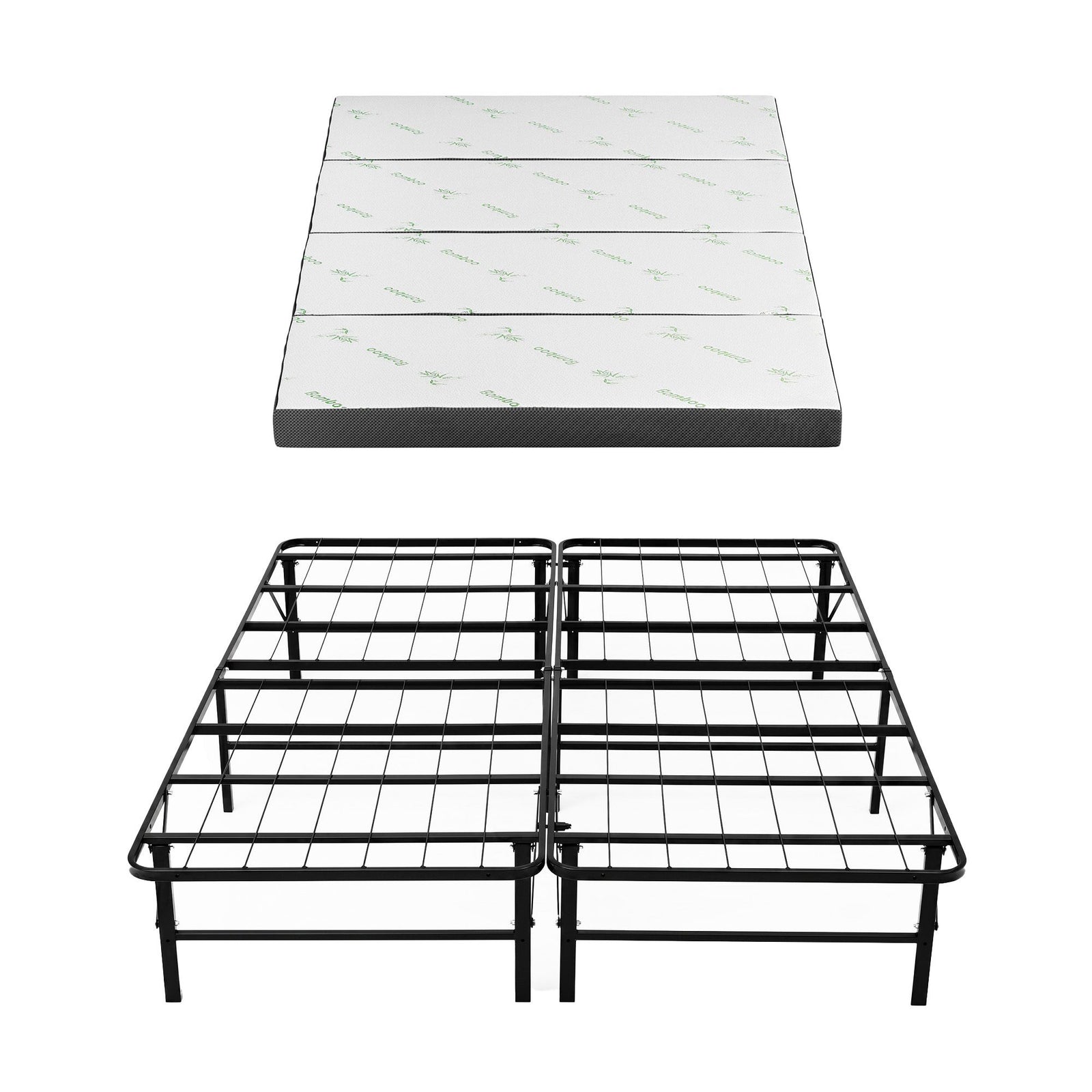 Giselle Queen Folding Bed with Mattress 4 Fold Metal Frame Guest Bed Bamboo Cover