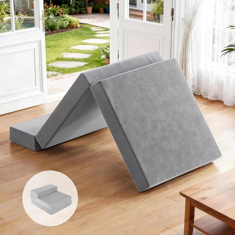 Folding Foam Mattress – Light Grey, Velvet Cover, Sofa/Bed, Washable