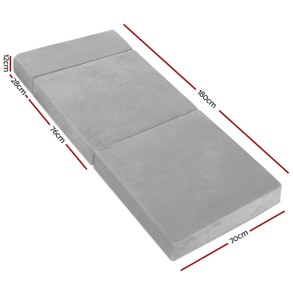 Folding Foam Mattress – Light Grey, Velvet Cover, Sofa/Bed, Washable