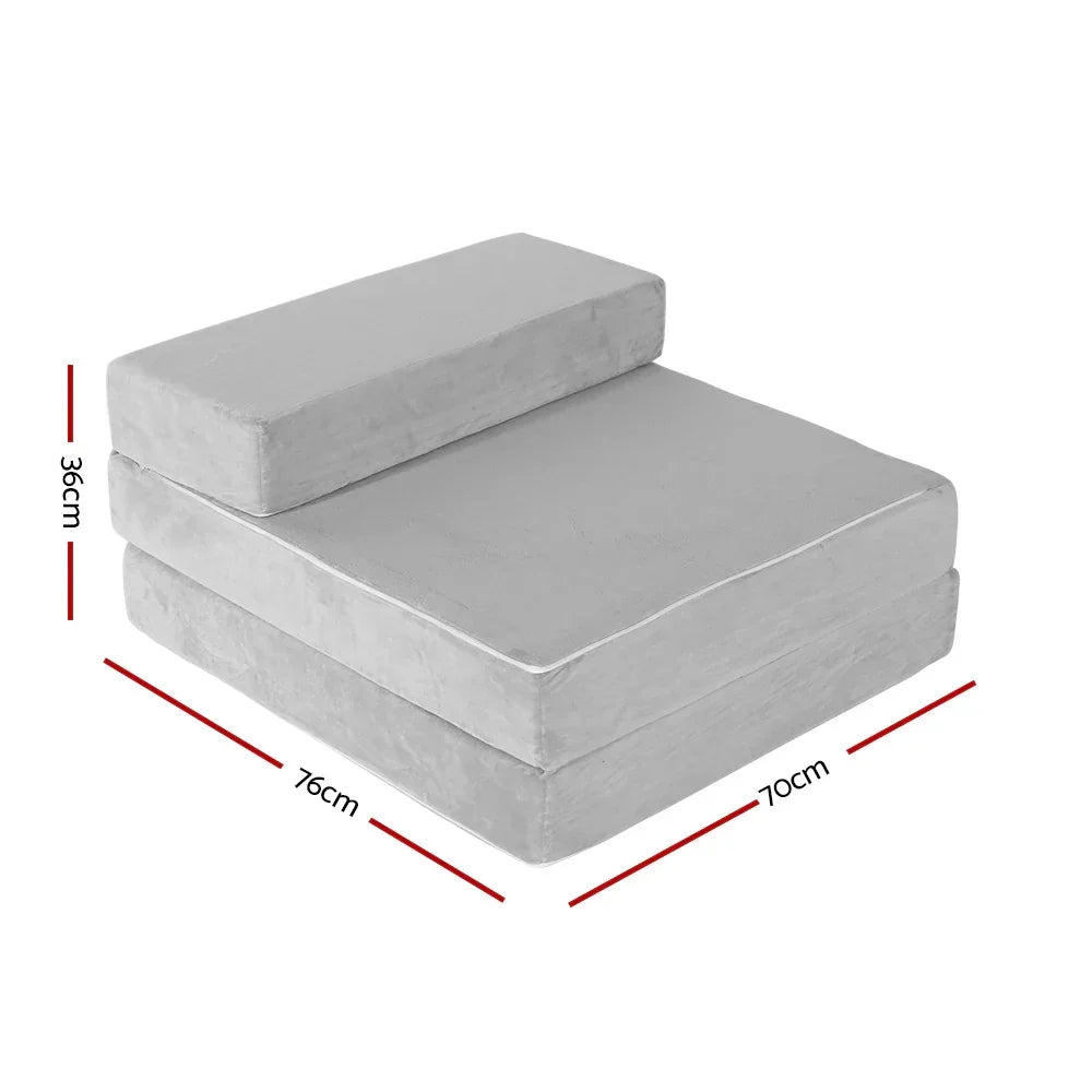 Folding Foam Mattress – Light Grey, Velvet Cover, Sofa/Bed, Washable