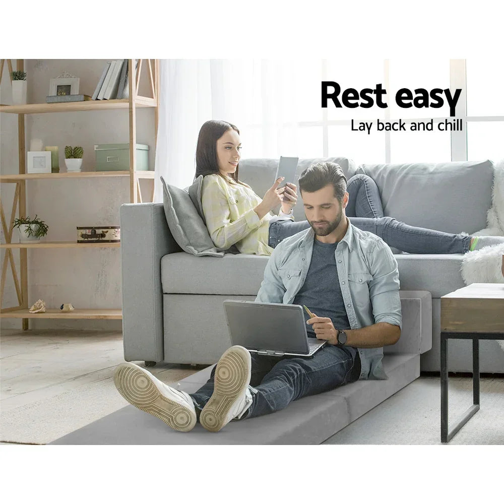 Folding Foam Mattress – Light Grey, Velvet Cover, Sofa/Bed, Washable