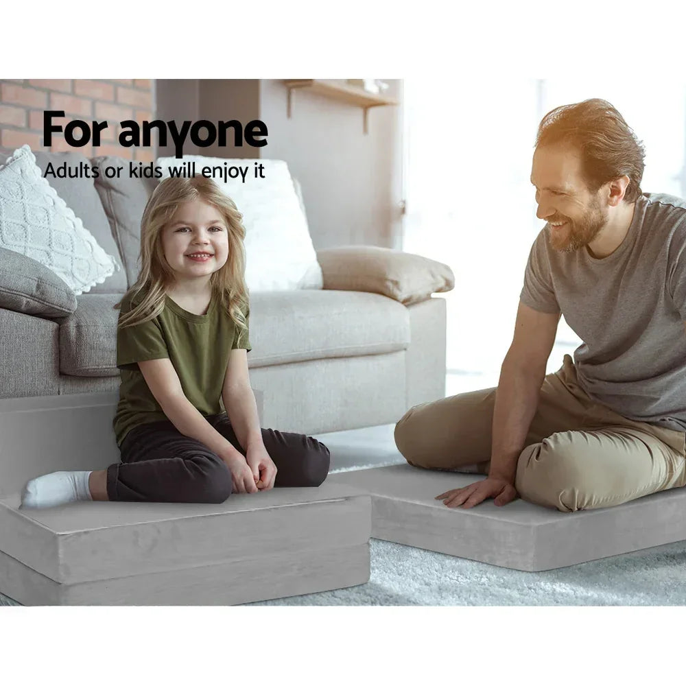 Folding Foam Mattress – Light Grey, Velvet Cover, Sofa/Bed, Washable