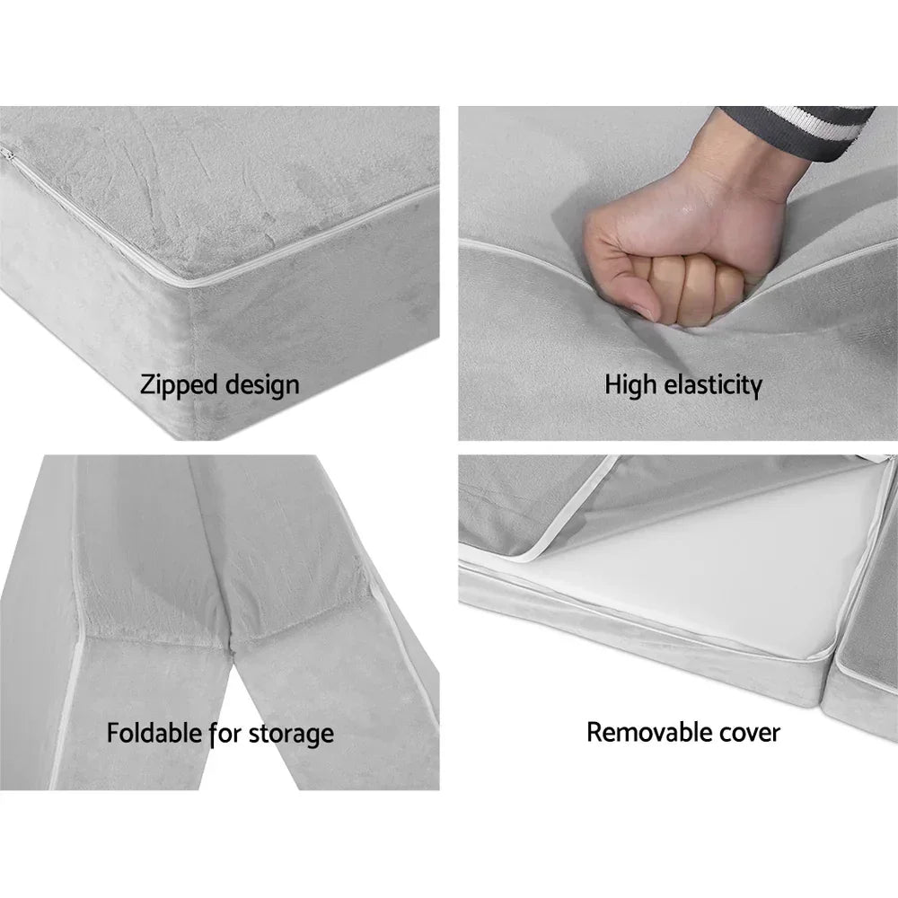 Folding Foam Mattress – Light Grey, Velvet Cover, Sofa/Bed, Washable