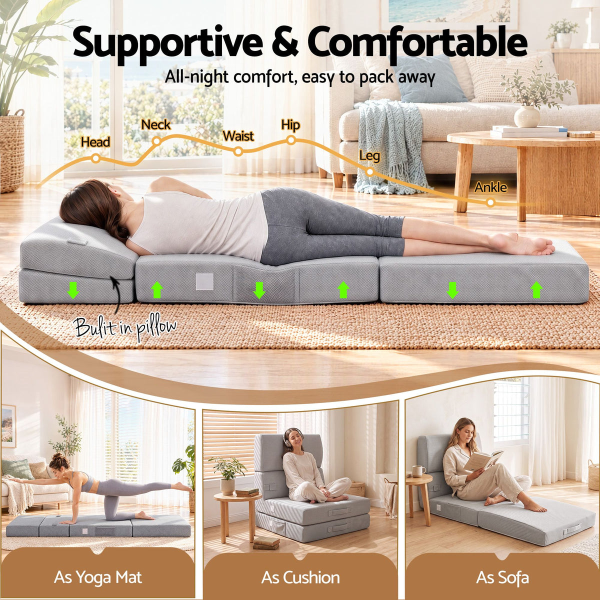 Giselle Folding Mattress Single 15cm Foldable 4-Fold Foam Chair Bed Storage Bag