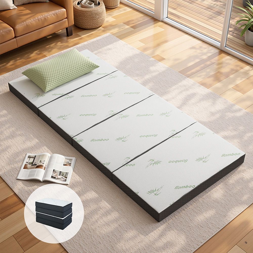 Folding Foam Mattress – Bamboo Cover, Sofa/Bed, High‑Density Foam, White/Grey