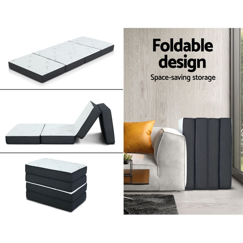 Folding Foam Mattress – Bamboo Cover, Sofa/Bed, High‑Density Foam, White/Grey