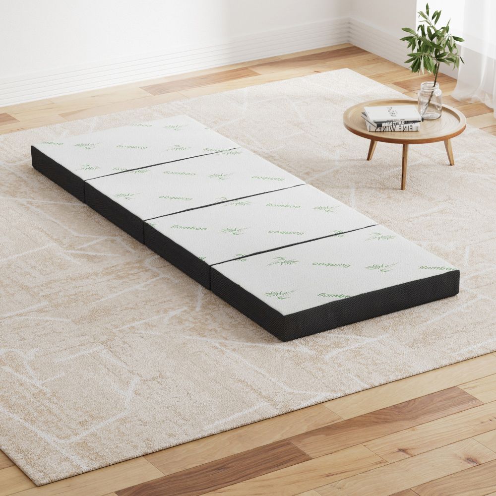 Folding Foam Mattress – Bamboo Cover, Sofa/Bed, High‑Density Foam, White/Grey