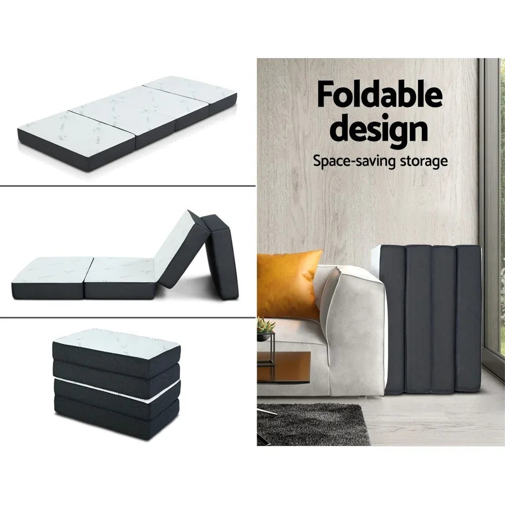 Folding Foam Mattress – Bamboo Cover, Sofa/Bed, High‑Density Foam, White/Grey