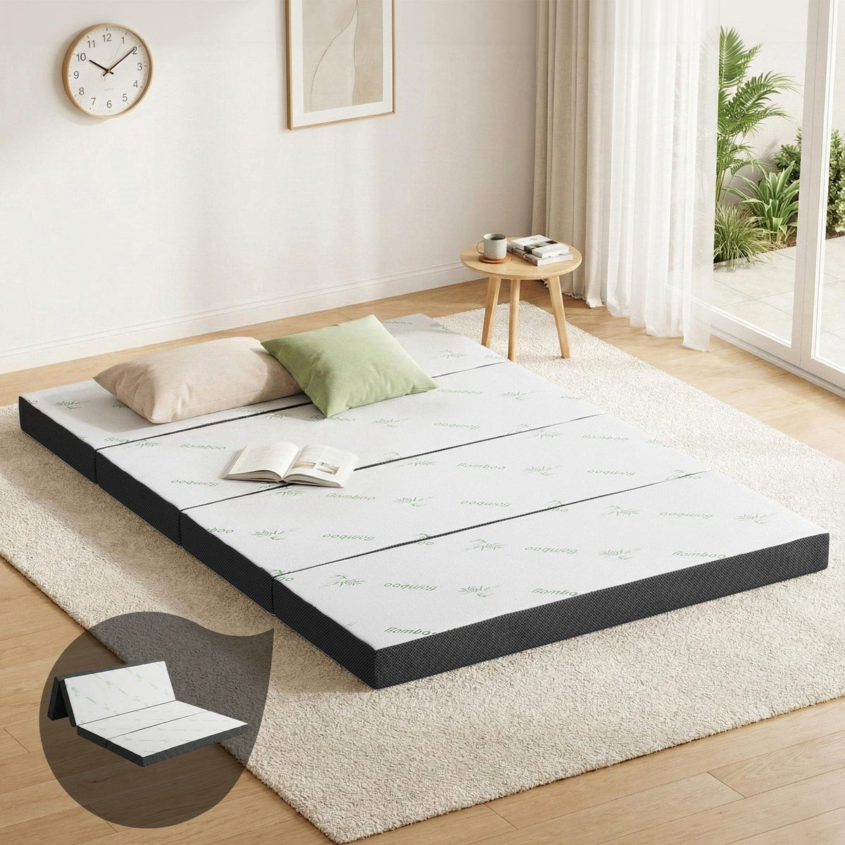 Foldable Double Mattress 4 Fold Foam Bed Bamboo Cover Guest Sleeping Mat