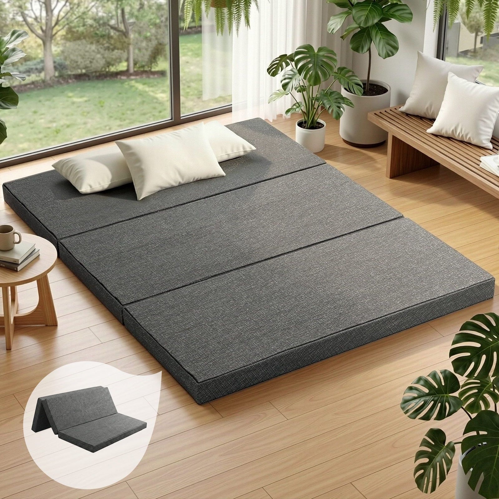 Queen Tri Fold Foam Mattress Grey Foldable Guest Bed Sofa Mattress