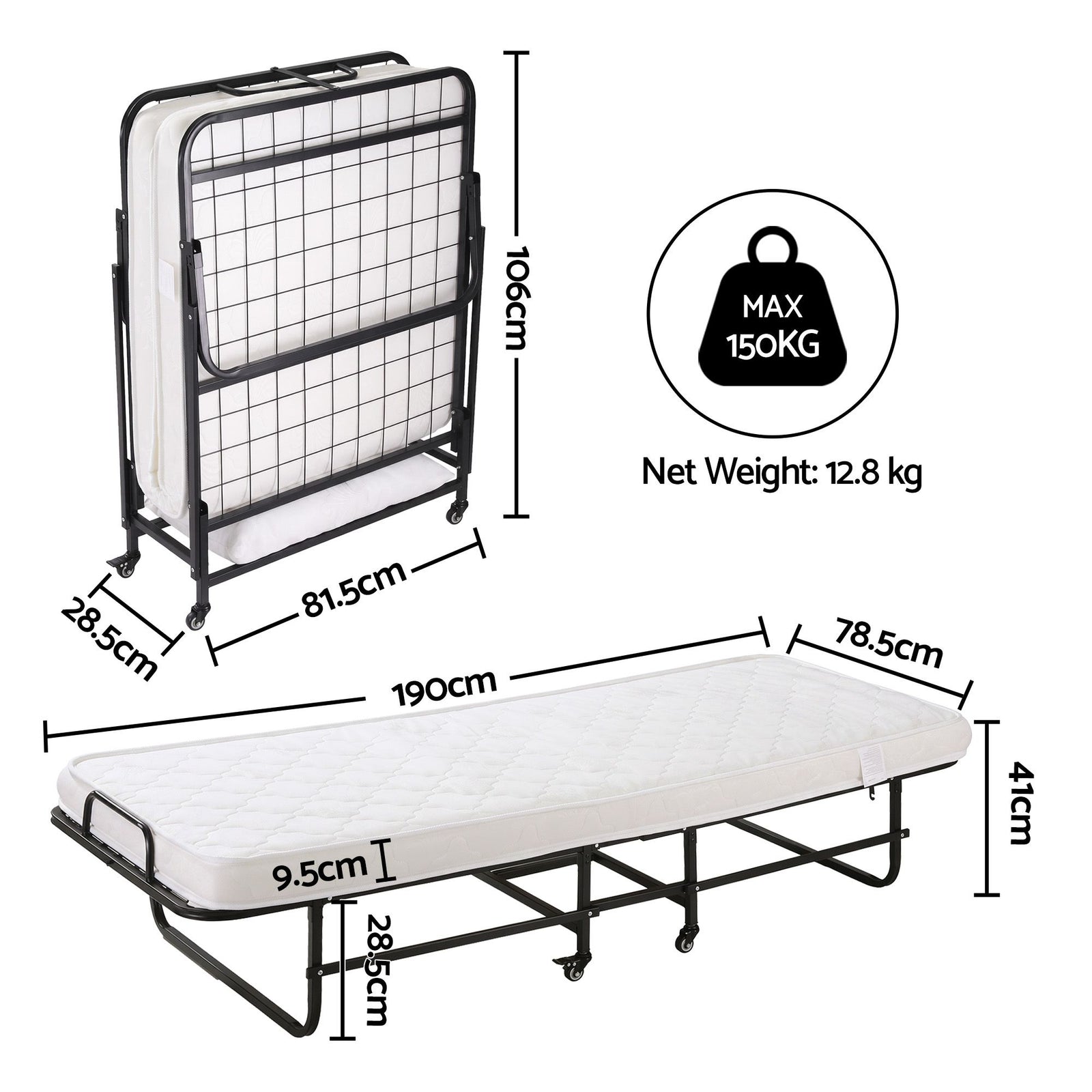 ARTISS Folding Bed with Mattress, Portable Rollaway 150kg Capacity 190CM