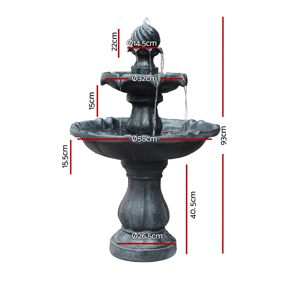 3-Tier Gardeon Solar Water Feature Fountain with Pump Kit Bird Bath 93CM Black