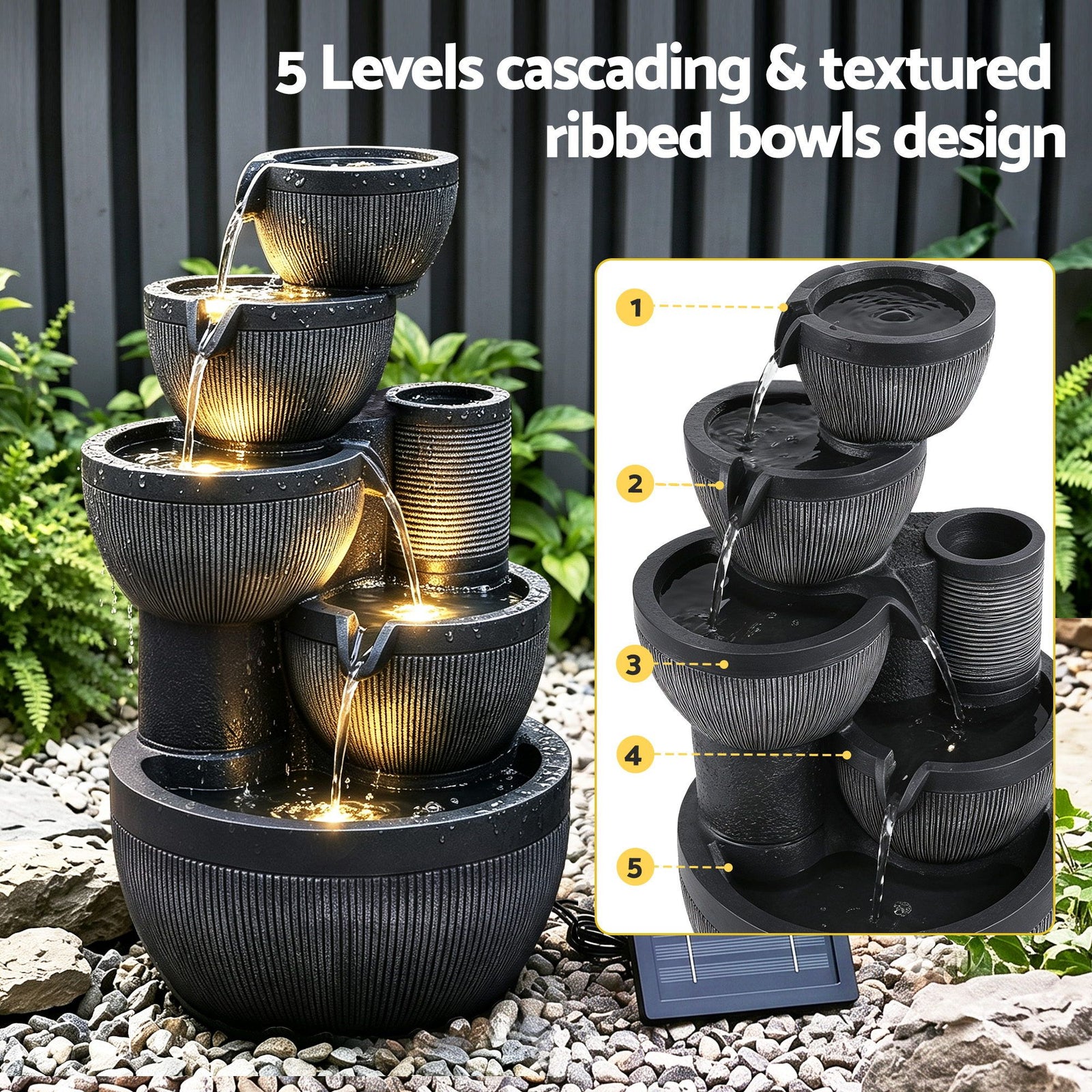 Solar Fountain Water Feature 5-Tier Cascading Bowl Grey 51cm