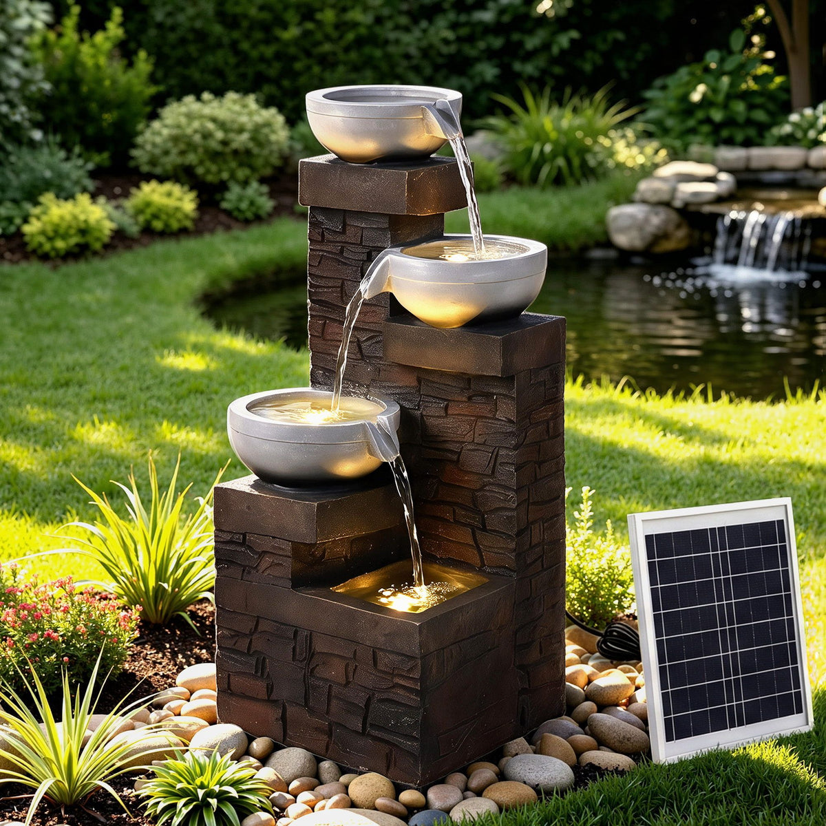 Solar Fountain 4 Levels Cascading Bowl Water Feature 75cm Brown