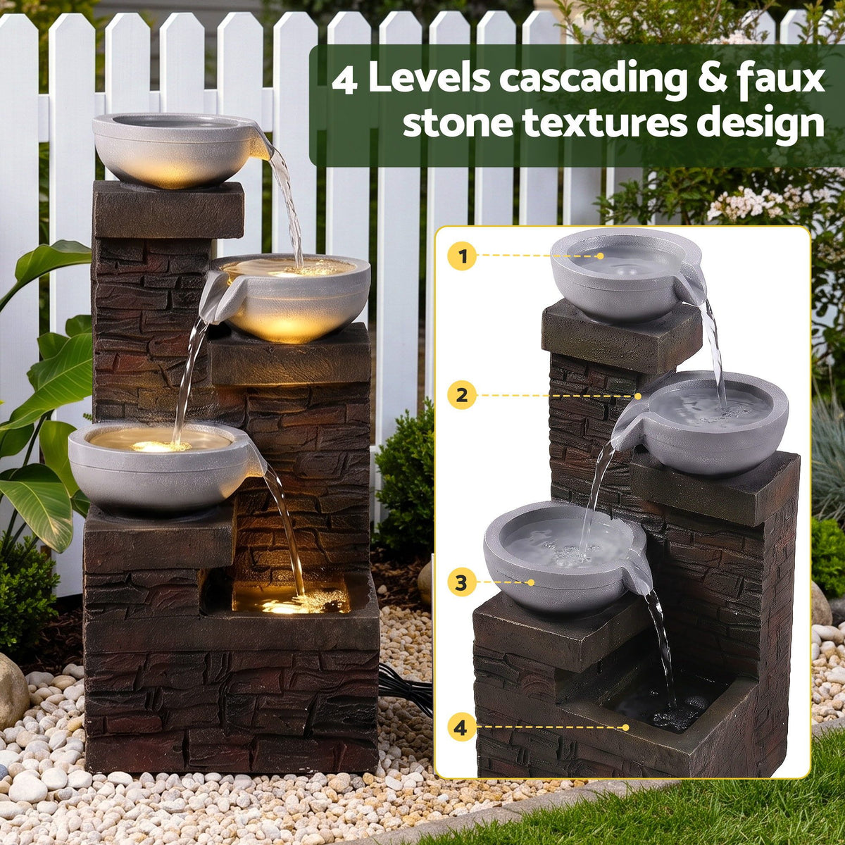 Solar Fountain 4 Levels Cascading Bowl Water Feature 75cm Brown