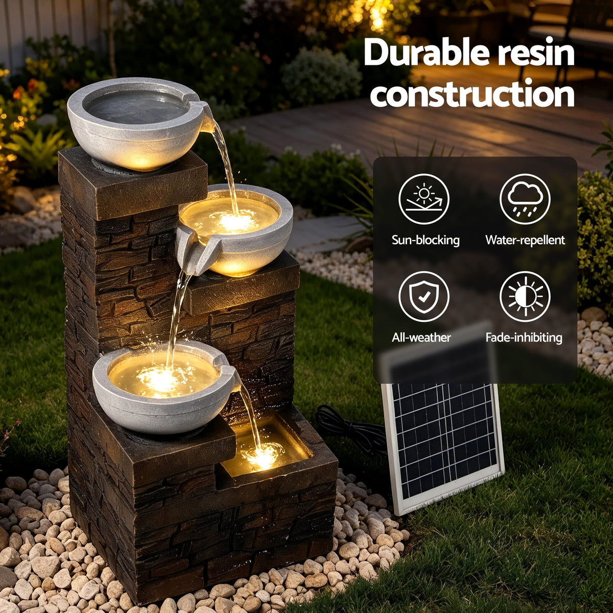 Solar Fountain 4 Levels Cascading Bowl Water Feature 75cm Brown