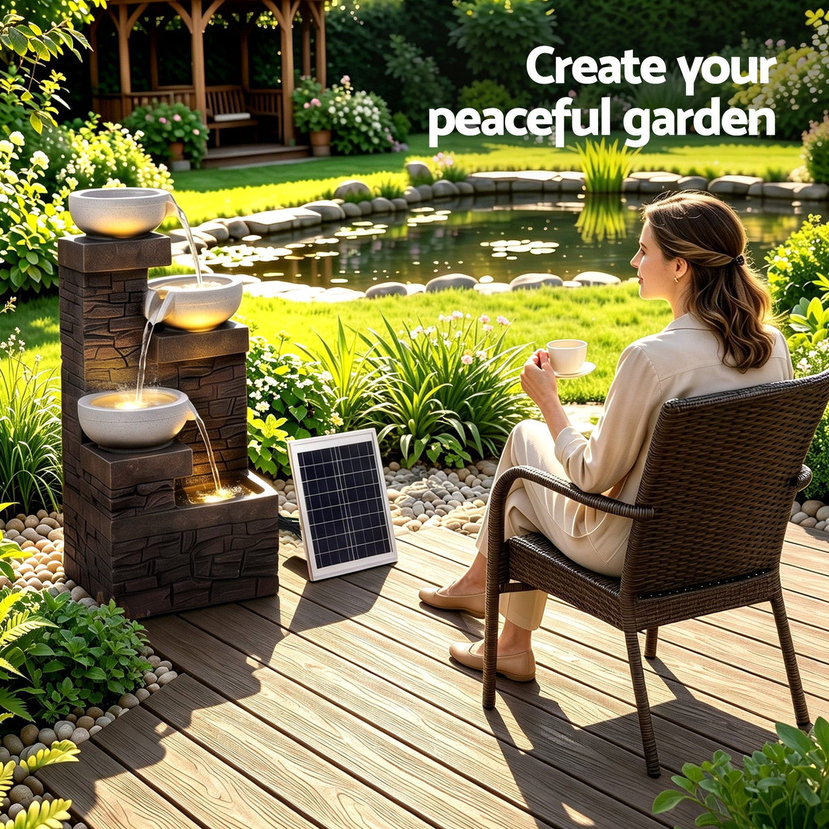 Solar Fountain 4 Levels Cascading Bowl Water Feature 75cm Brown