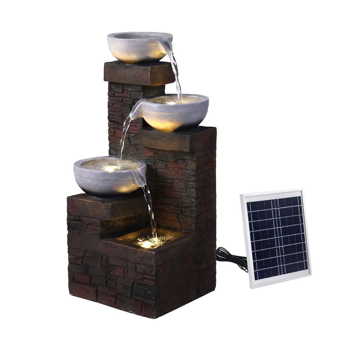 Solar Fountain 4 Levels Cascading Bowl Water Feature 75cm Brown