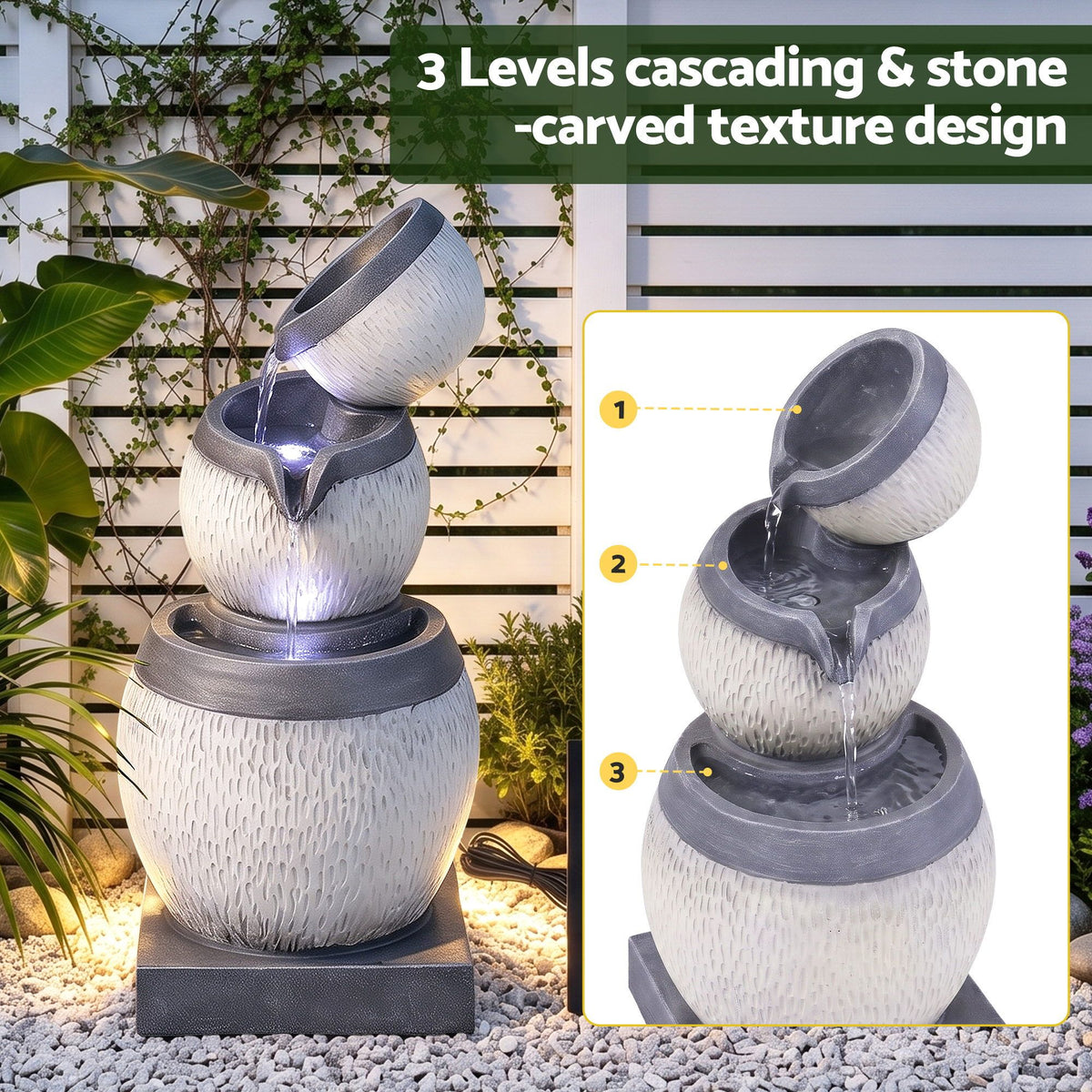 Gardeon 3 Tier Solar Fountain 52cm, Cascading Bowl Garden Water Feature, Grey