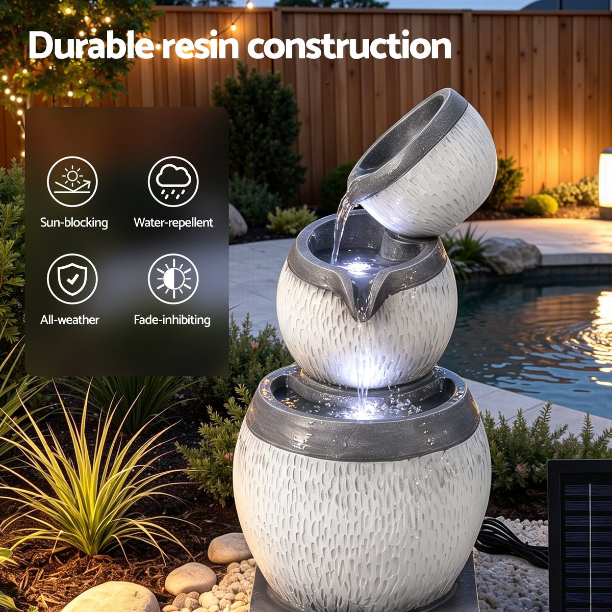Gardeon 3 Tier Solar Fountain 52cm, Cascading Bowl Garden Water Feature, Grey