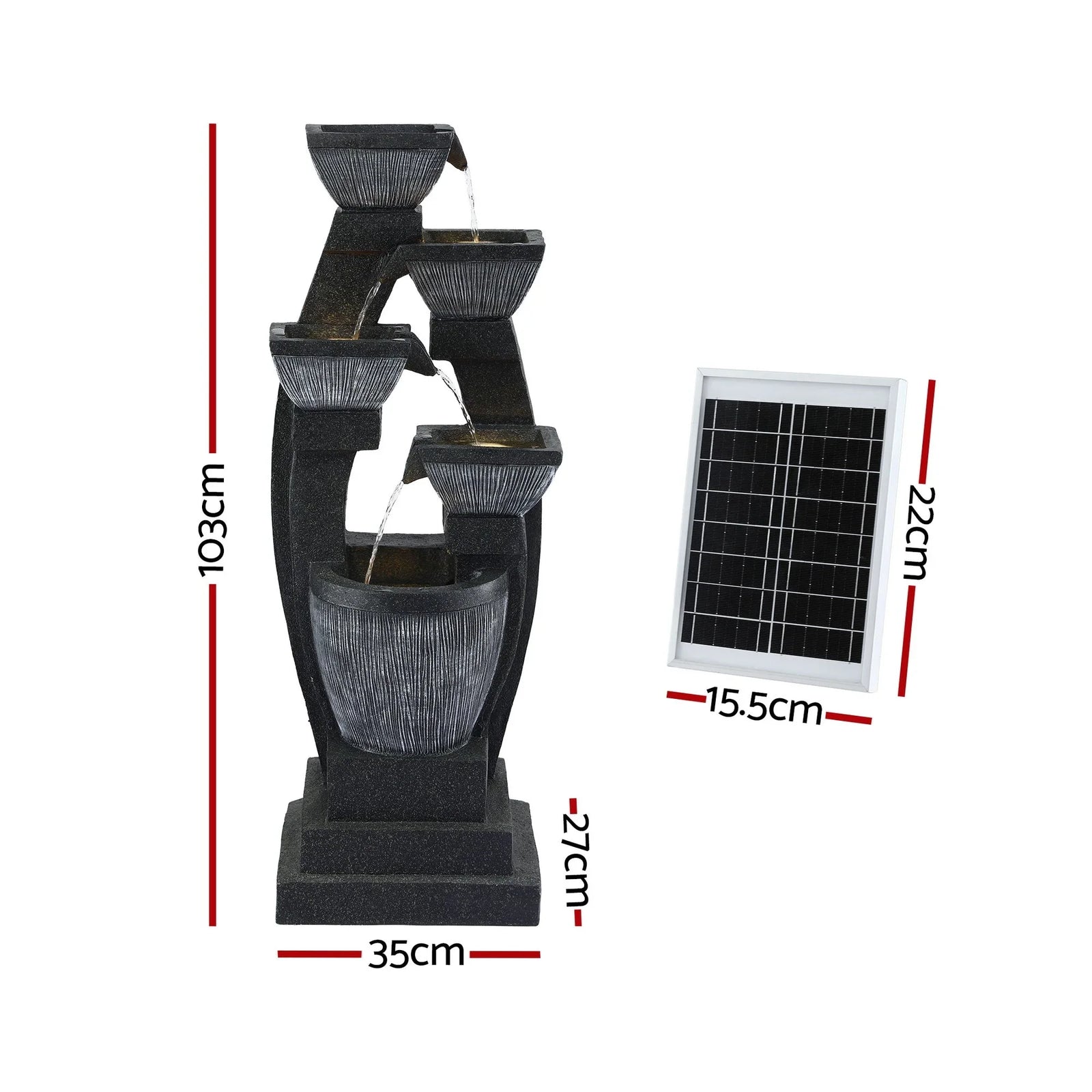 Solar Fountain Water Feature Outdoor Fountain Indoor 5-Tier Bowl Cascading Grey