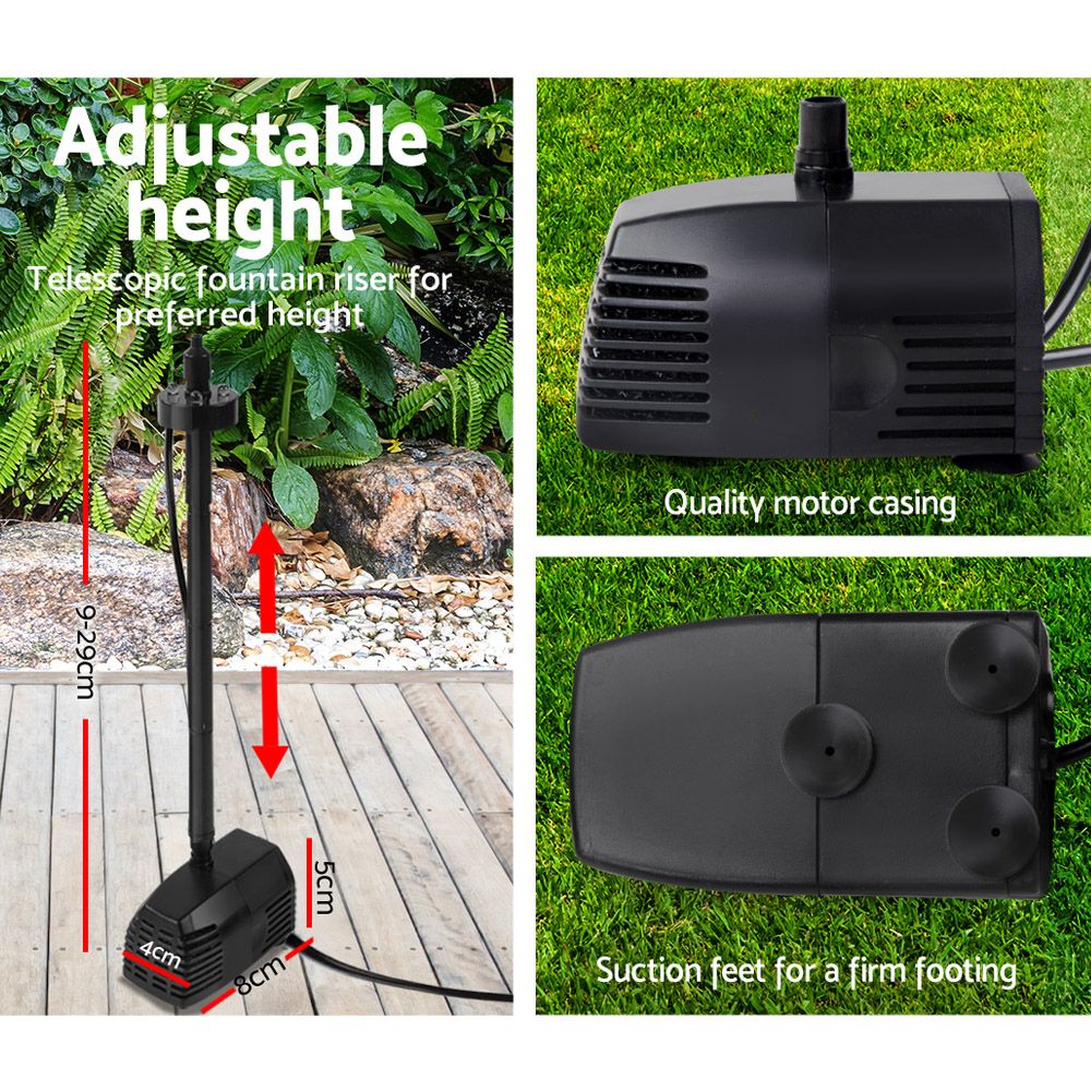 Solar Fountain Pump 250L/H LED Light Battery Rechargeable 5m Cable