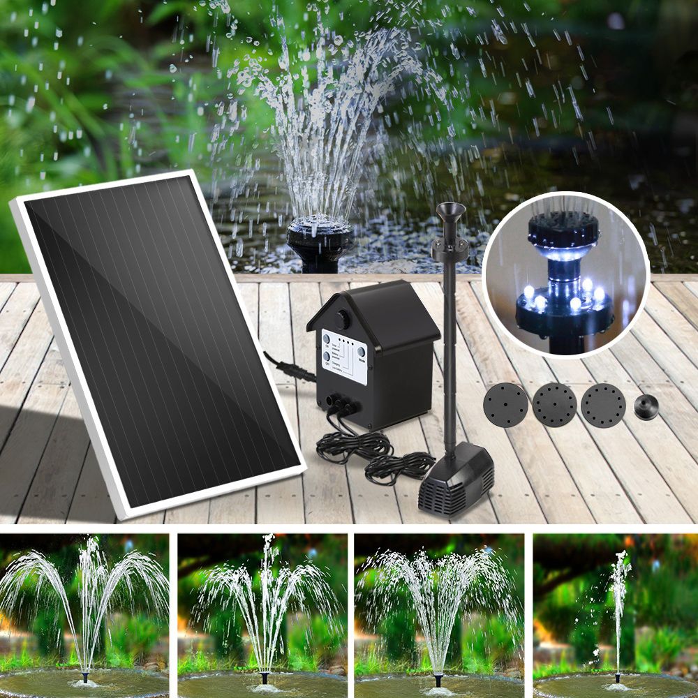 Solar Fountain Pump 250L/H LED Light Battery Rechargeable 5m Cable