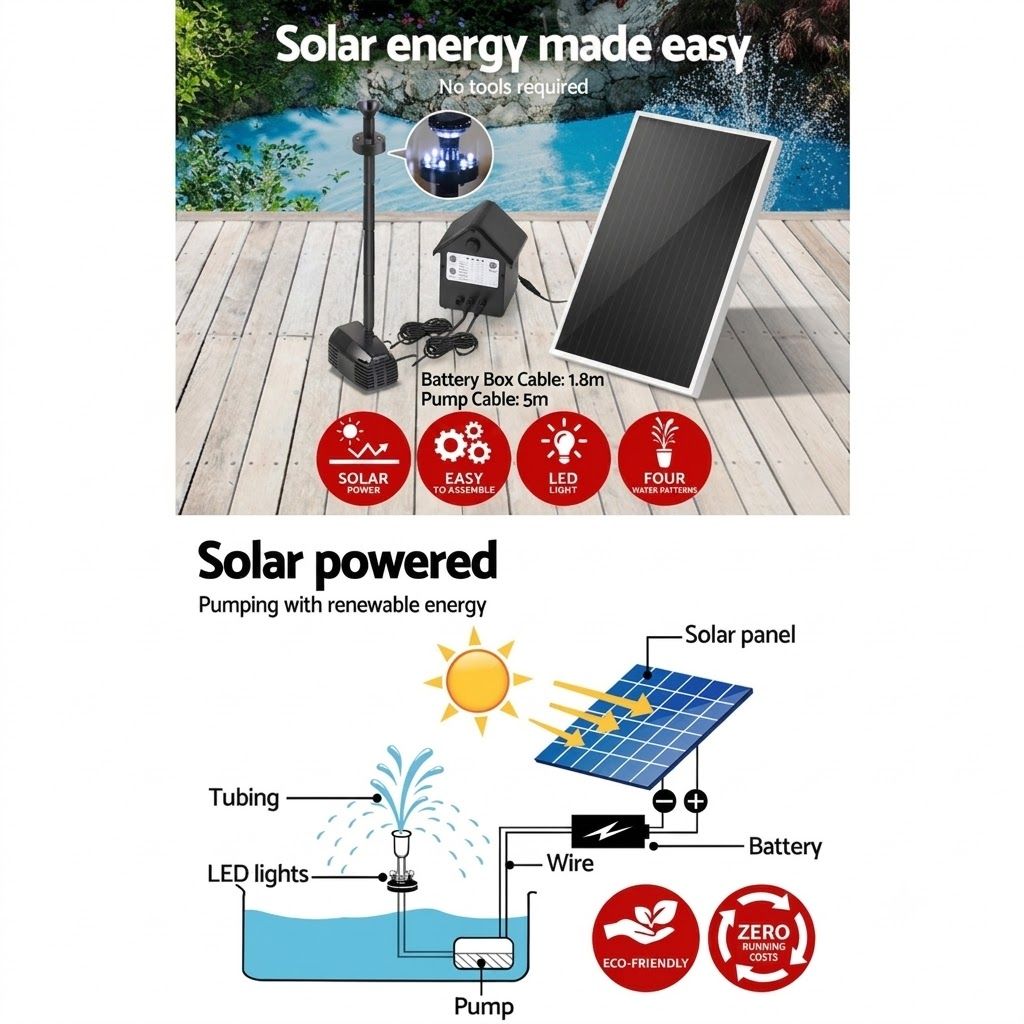 Solar Fountain Pump 250L/H LED Light Battery Rechargeable 5m Cable