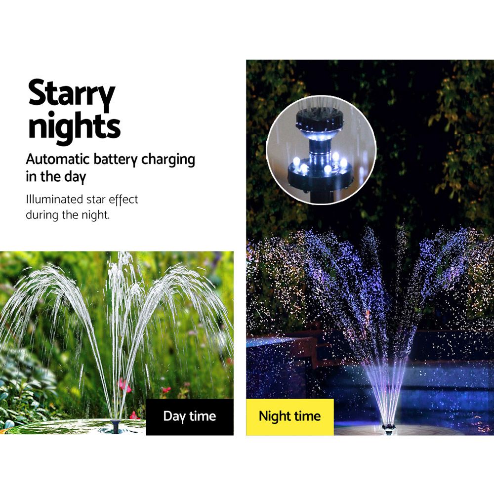 Solar Fountain Pump 250L/H LED Light Battery Rechargeable 5m Cable
