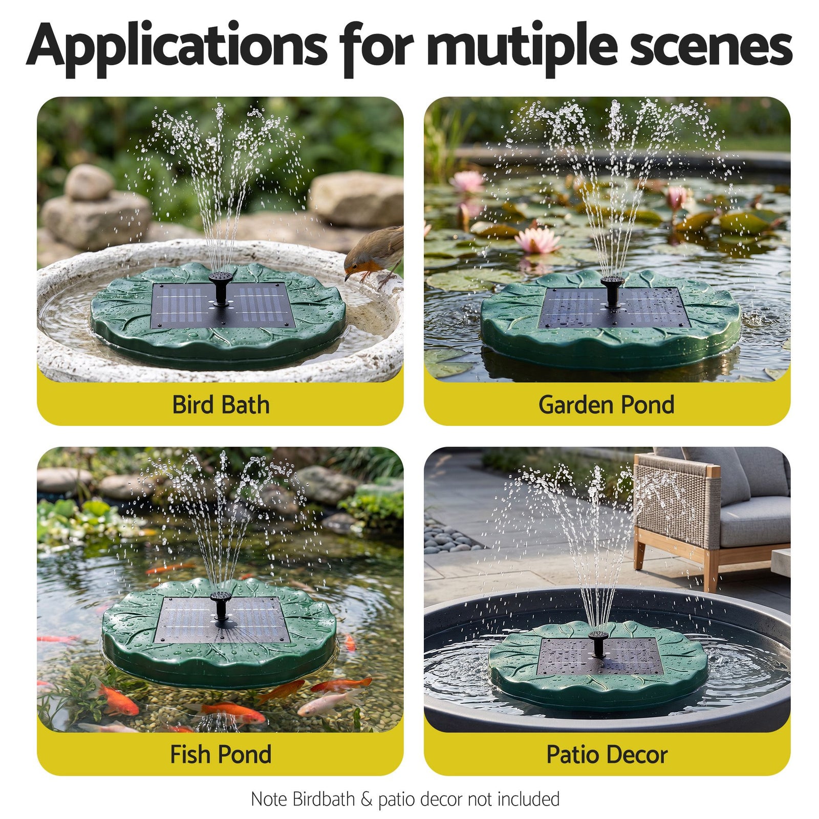 Solar Fountain Pumps Bird Bath Floating Lotus Desig Water Feature 31cm