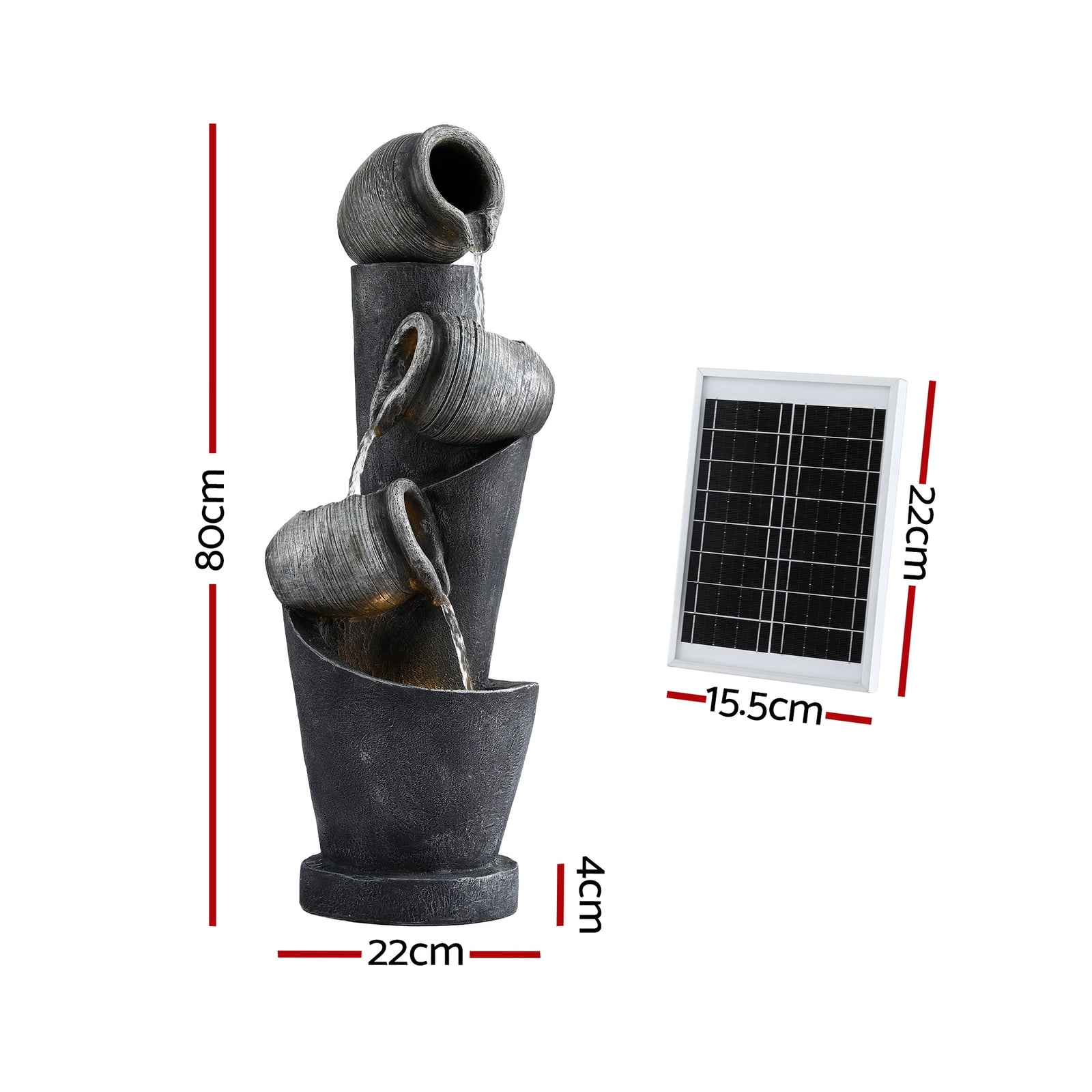 Solar Fountain Water Feature Cascading Fountain 3-Tier Pot LED Lights 80CM Grey