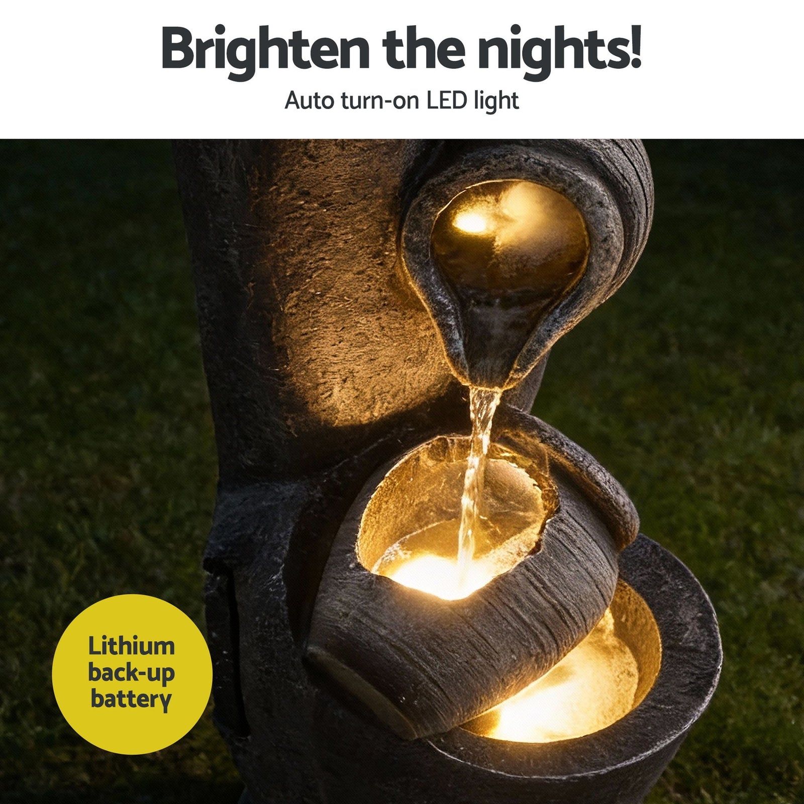 Solar Fountain Water Feature Cascading Fountain 3-Tier Pot LED Lights 80CM Grey