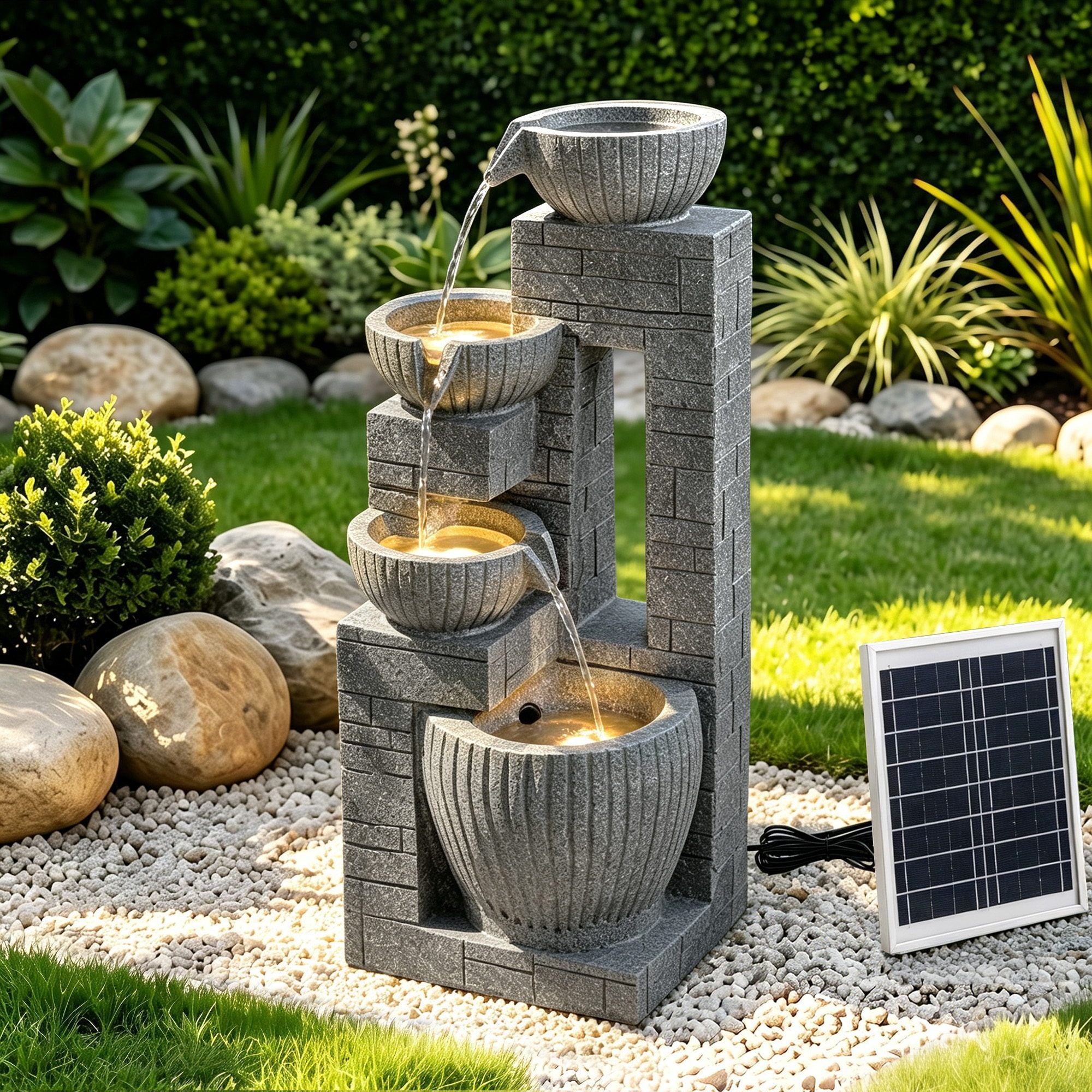 Solar Fountains Water Features Cascading Design Polyresin 80cm Grey