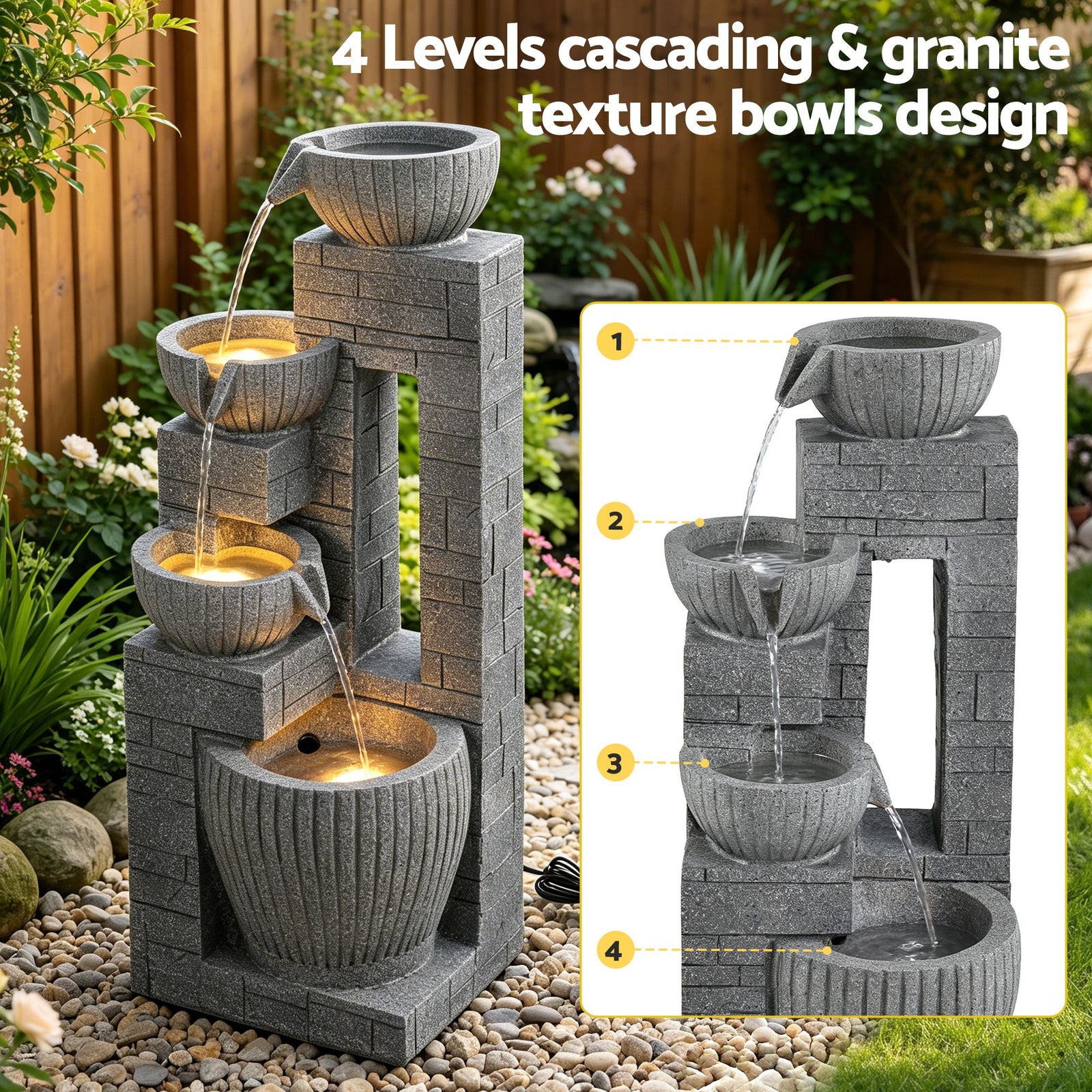 Solar Fountains Water Features Cascading Design Polyresin 80cm Grey
