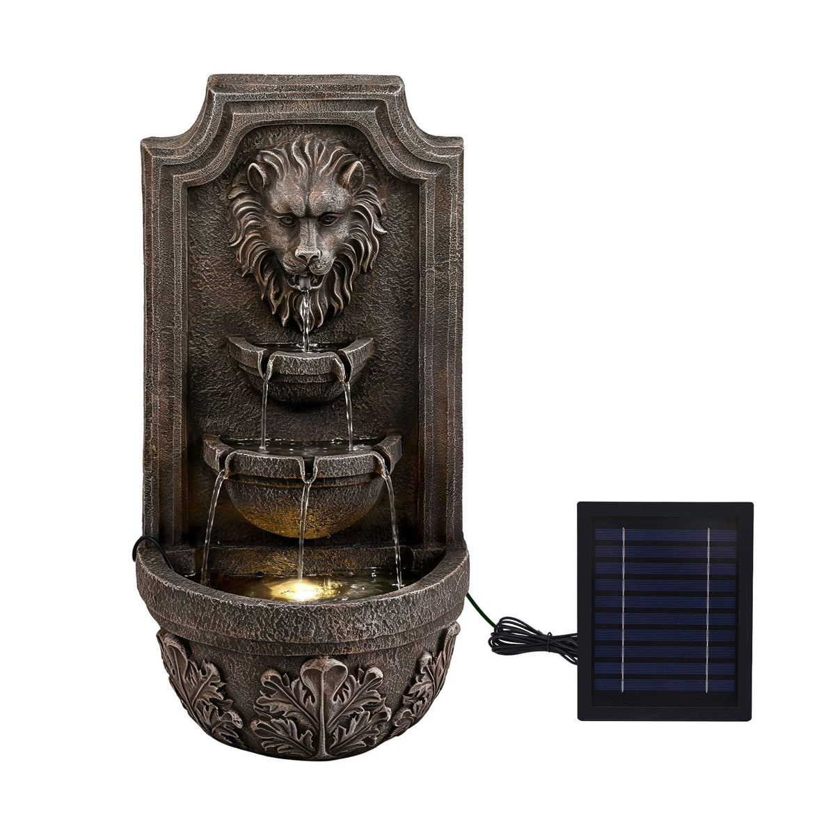 Gardeon Solar Fountain Water Feature Lion Head Wall Fountain 67cm Brown