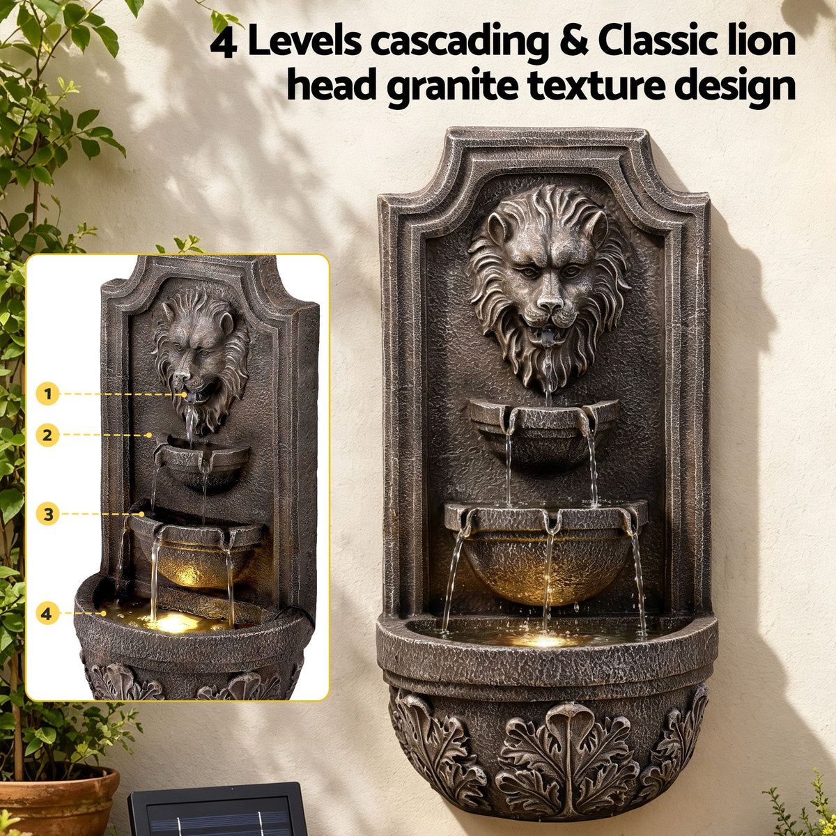 Gardeon Solar Fountain Water Feature Lion Head Wall Fountain 67cm Brown