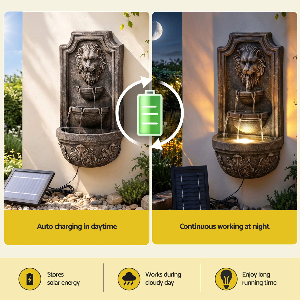 Gardeon Solar Fountain Water Feature Lion Head Wall Fountain 67cm Brown
