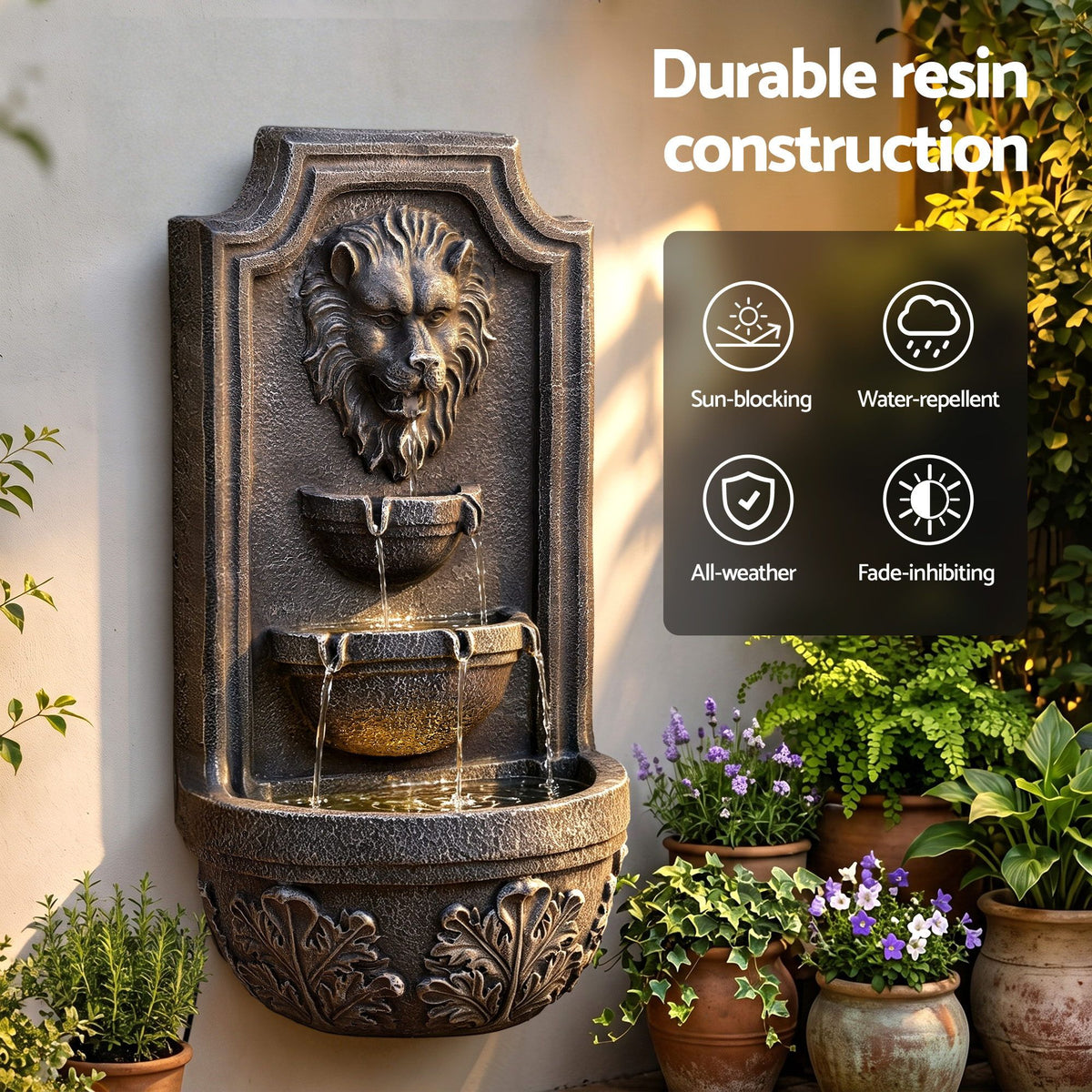 Gardeon Solar Fountain Water Feature Lion Head Wall Fountain 67cm Brown