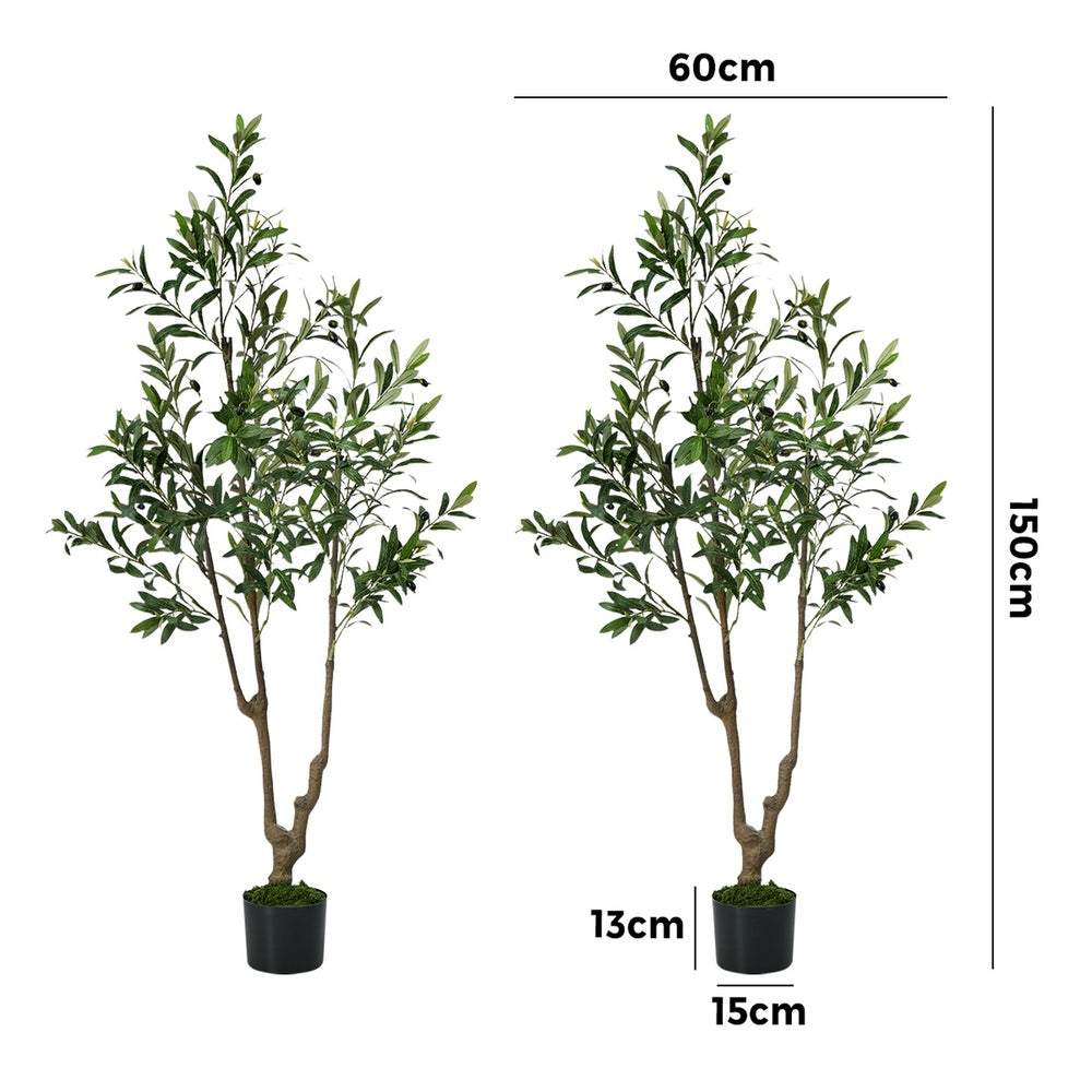 2-Pack Olive Tree 150cm Faux Plant, PE Plastic, Cement Pot Base