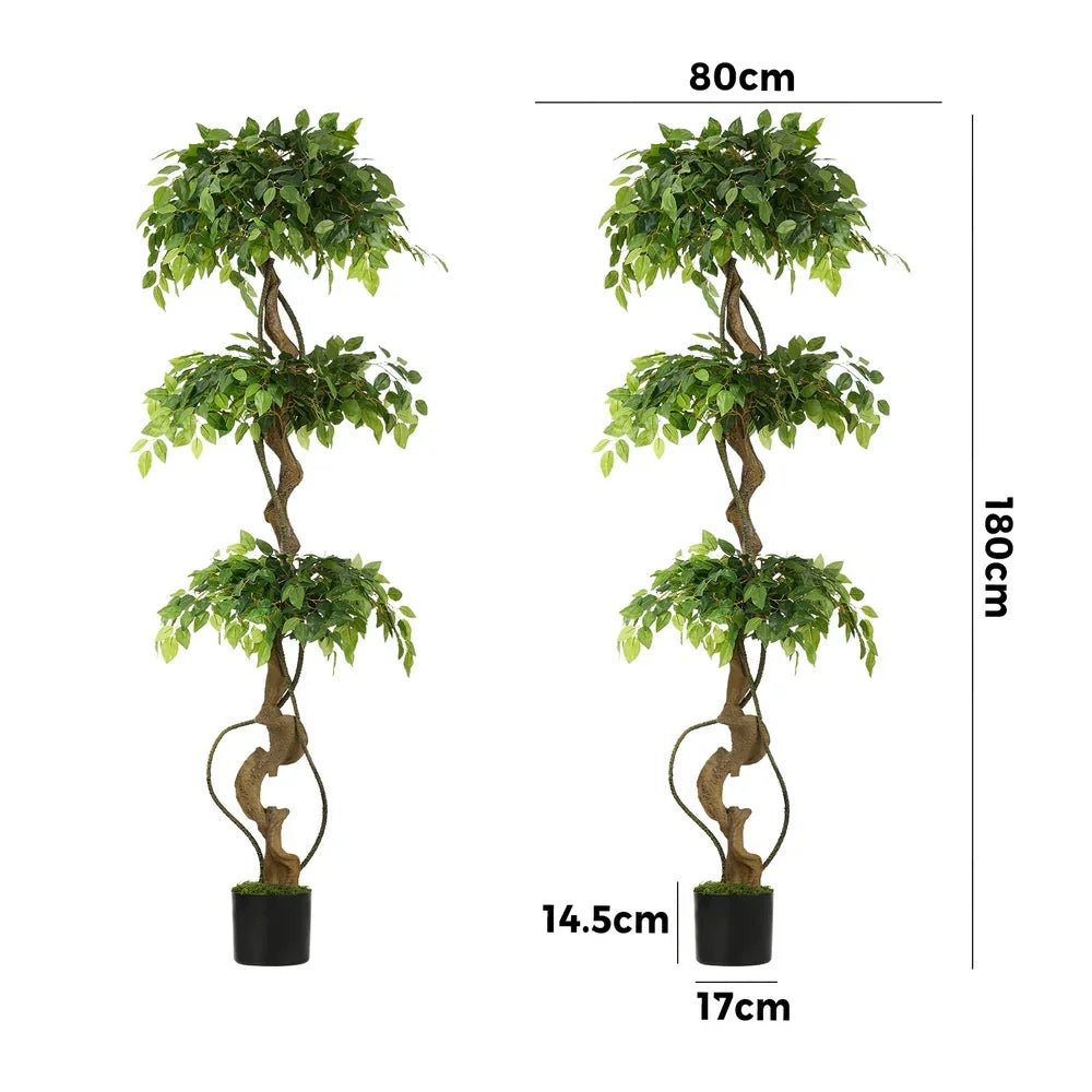 2PC 180cm Artificial Ficus Tree Twisted Ficus Faux Potted Plant