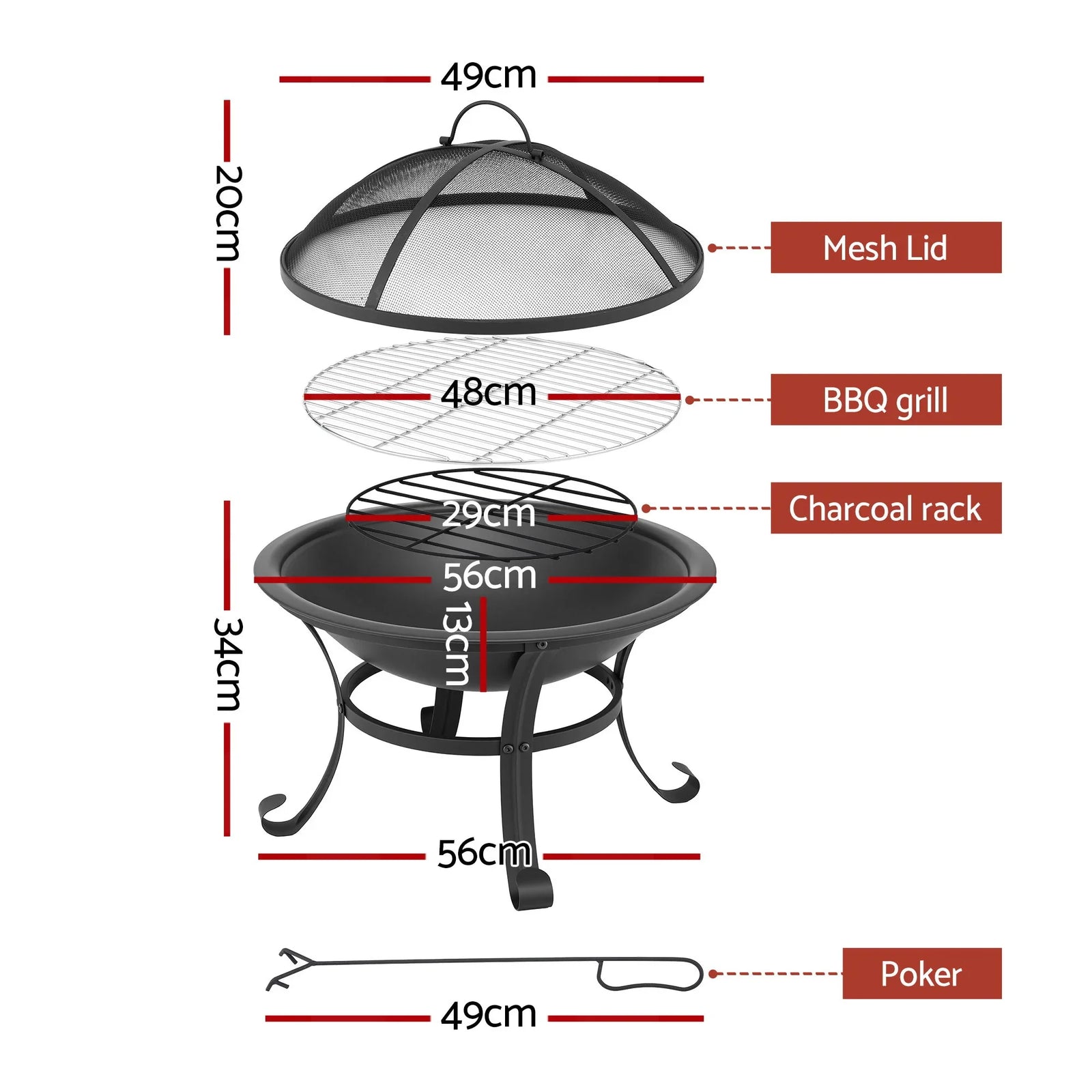 Fire Pit with Mesh Lid and Fire Picker BBQ Grill Wood Burning Outdoor Camping